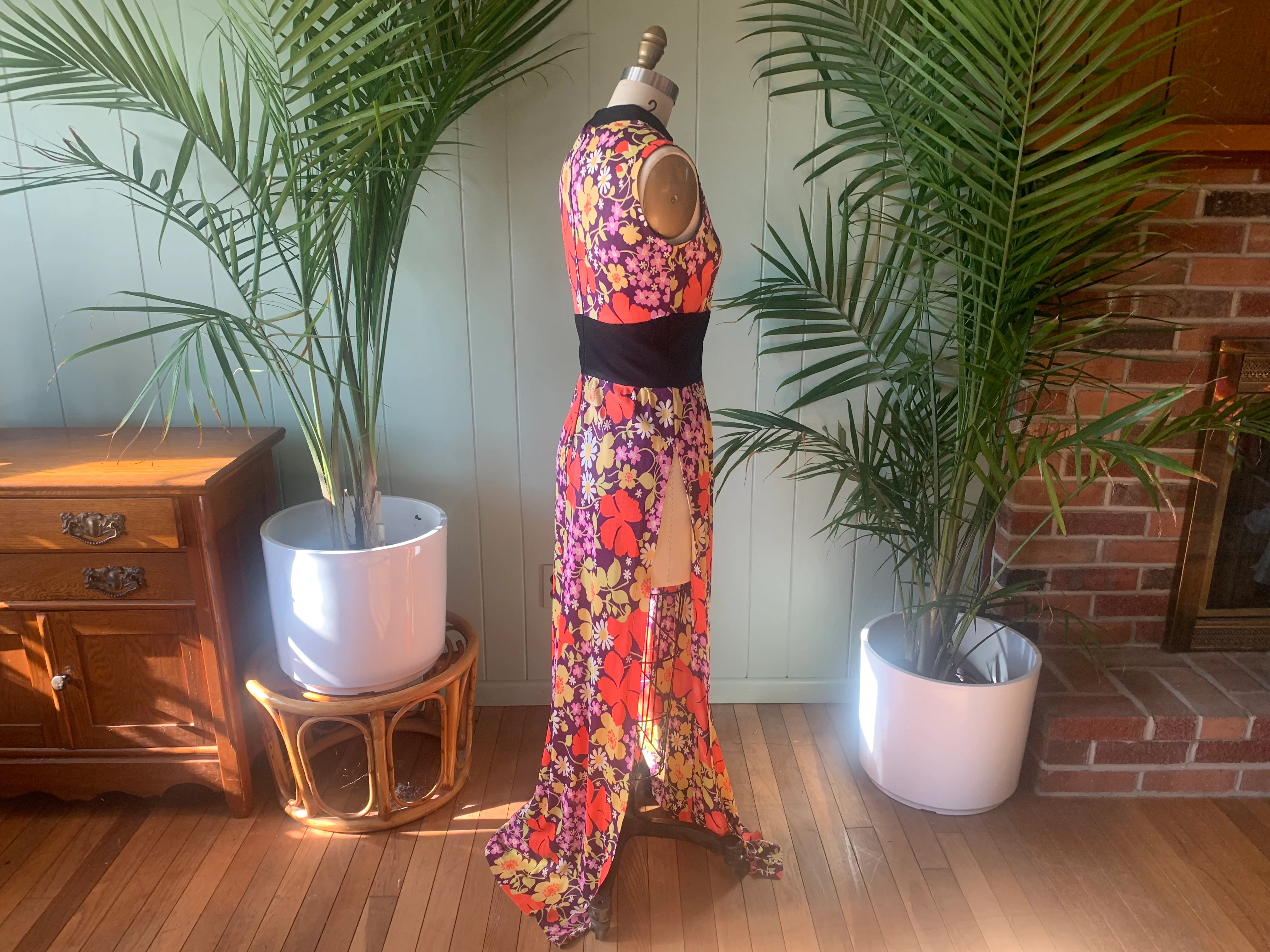 60s/70s Purple Orange Floral Jersey Knit Maxi Tunic Dress - Image 7