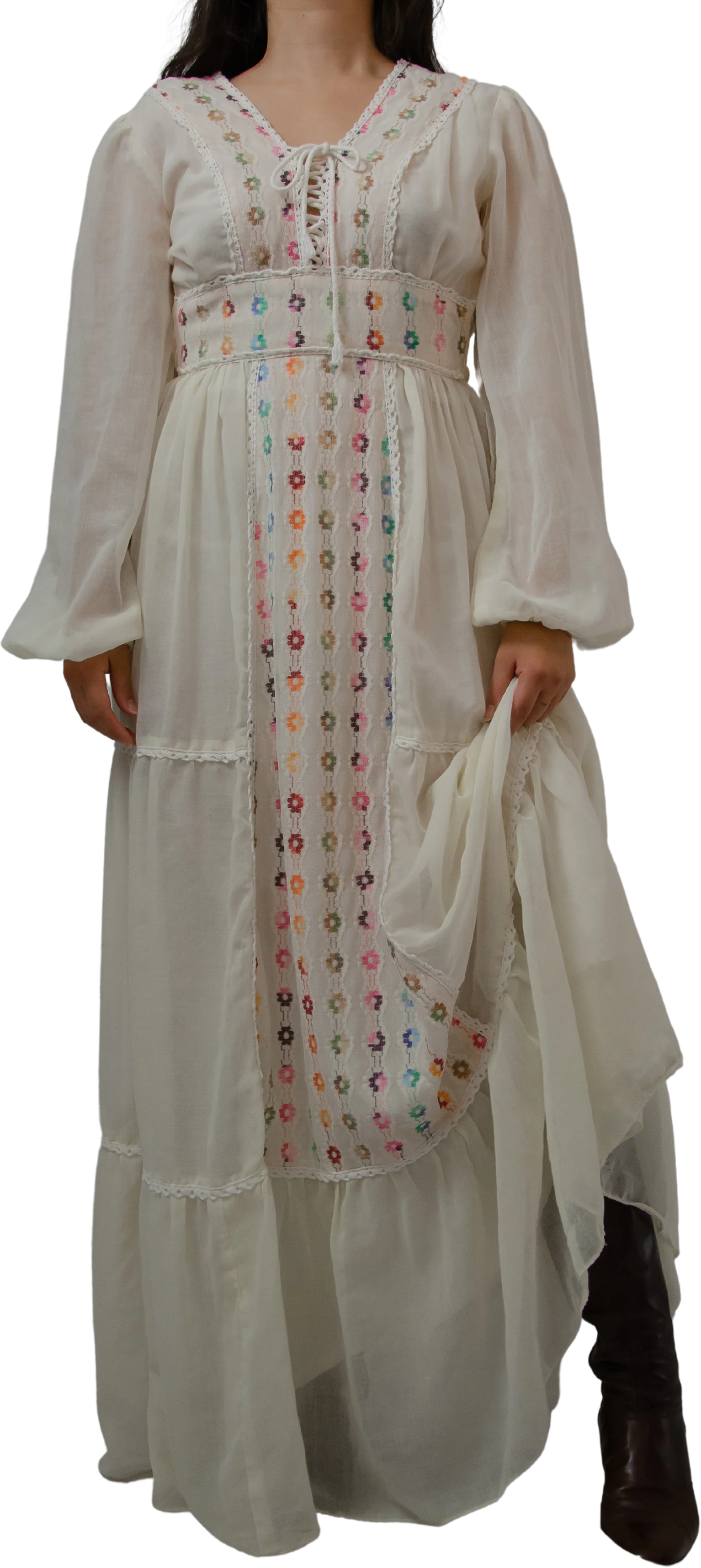 60s/70s Rainbow Floral Prairie Puff Sleeve Dress