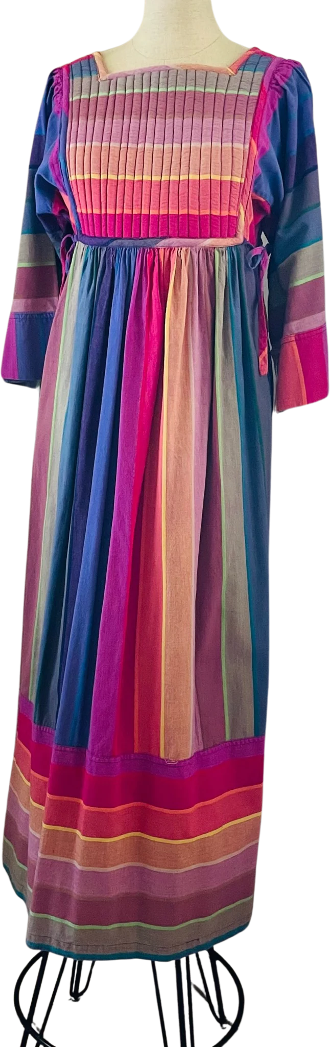 60s/70s Vintage Rainbow Maxi Dress Quilted Top Pockets Sm By Styled by Saybury