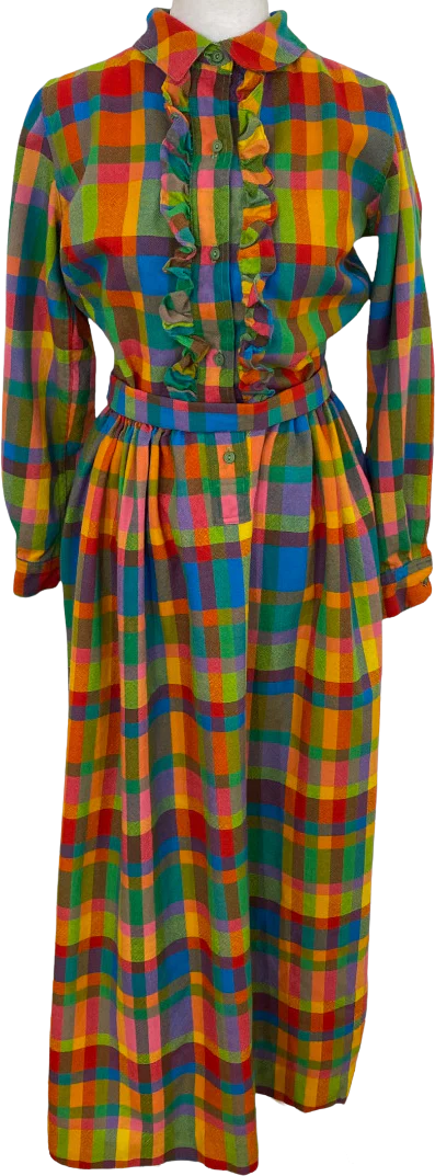 60s/70s Rainbow Multicolor Plaid Ruffle Belted Maxi Dress By John Hagarty