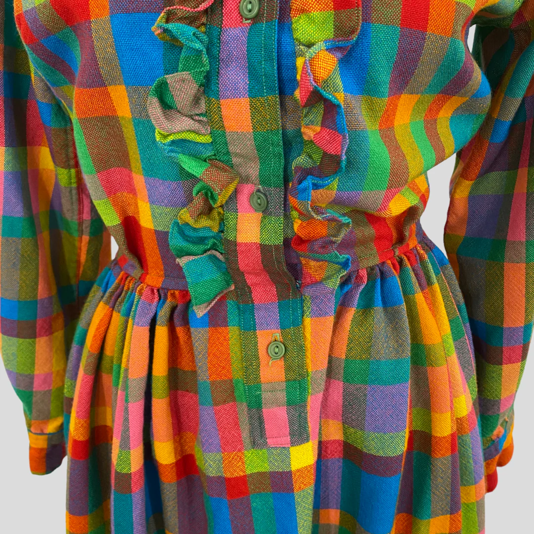 60s/70s Rainbow Multicolor Plaid Ruffle Belted Maxi Dress By John Hagarty - Image 4