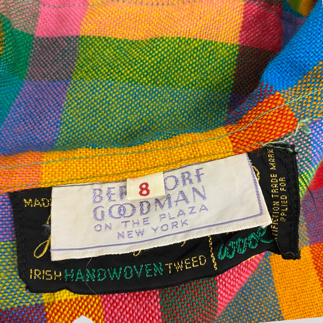 60s/70s Rainbow Multicolor Plaid Ruffle Belted Maxi Dress By John Hagarty - Image 7