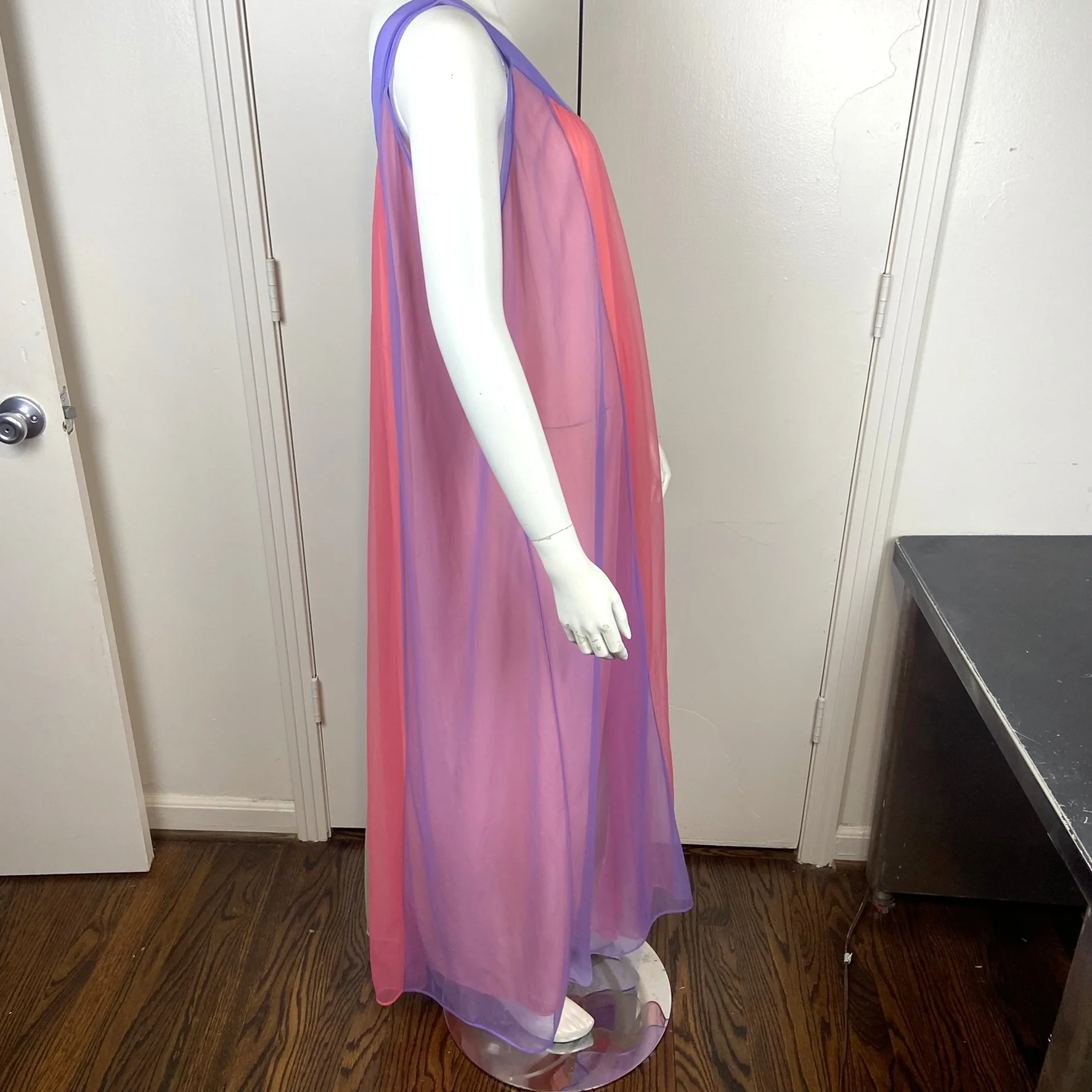 60s/70s Rainbow Nylon Chiffon Maxi Nightgown Colorblock By Miss Irene - Image 5