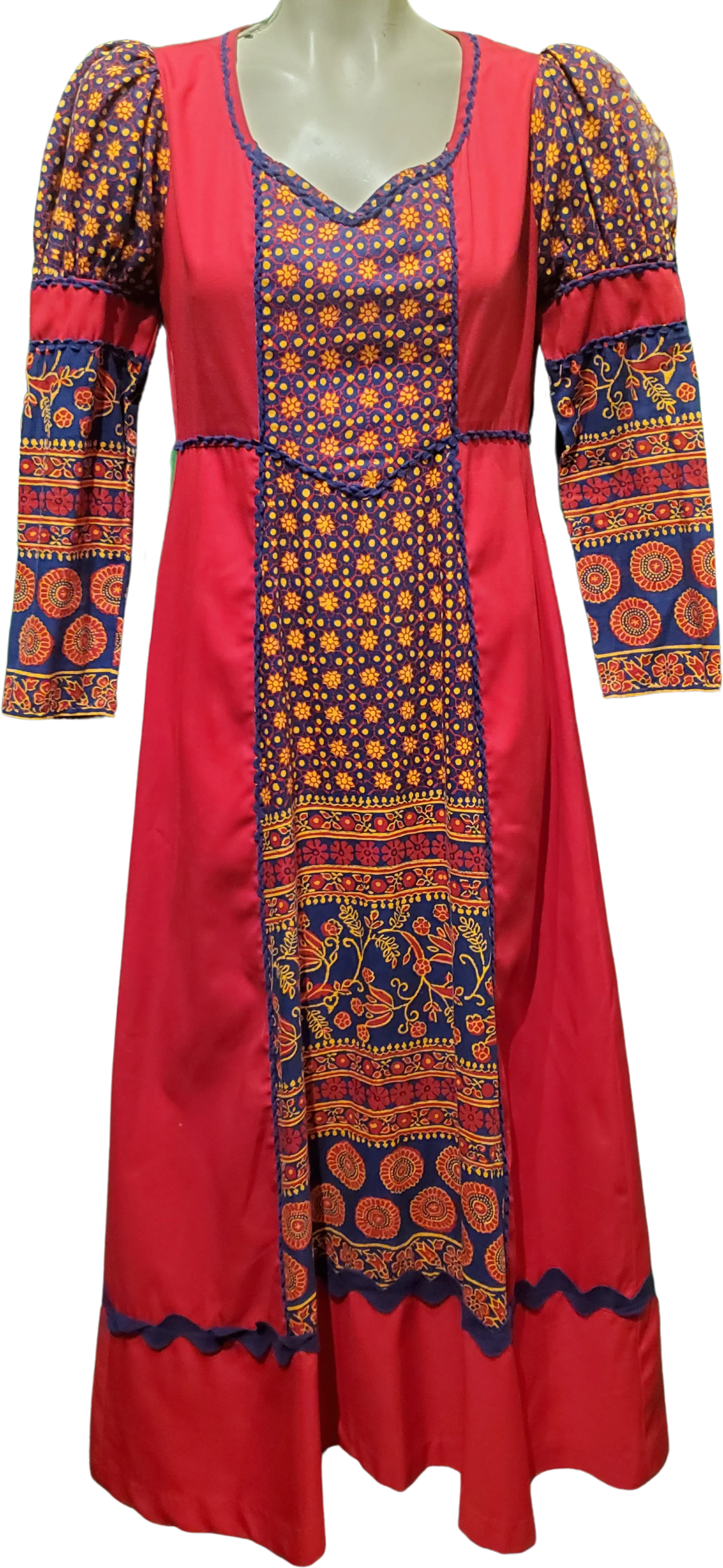 60s/70s Rare Black Label Burgundy Batik Calico Maxi Dress By Gunne Sax