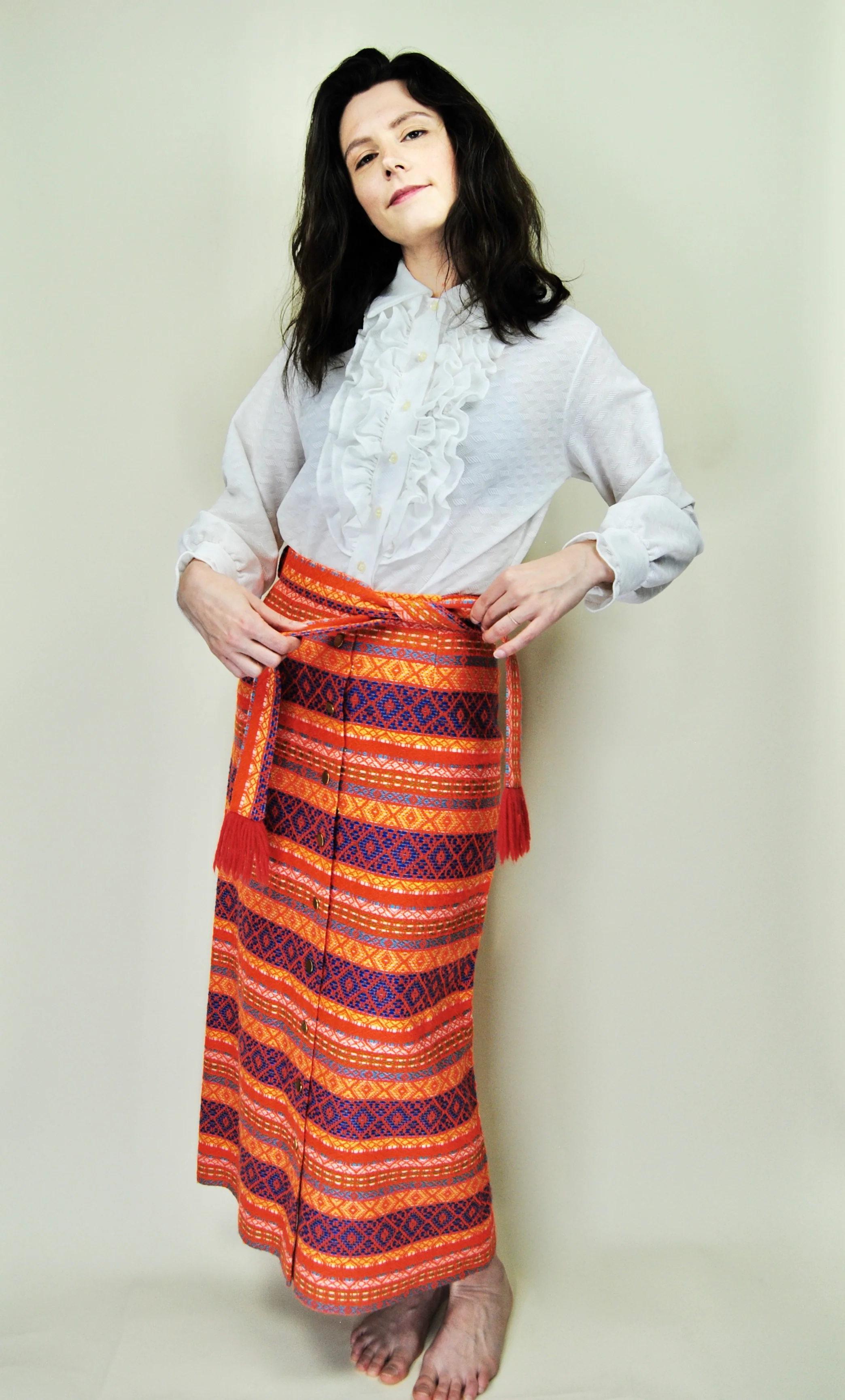 60s/70s Rare Orange Woven Knit Midi Skirt With Fringe Belt - Image 4