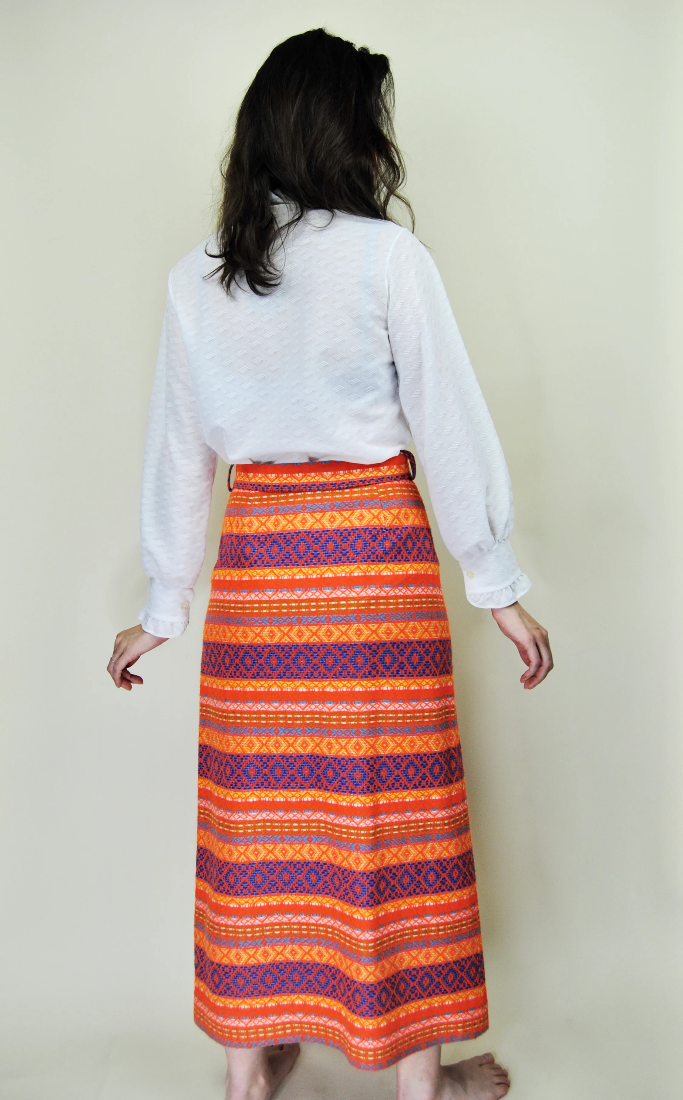 60s/70s Rare Orange Woven Knit Midi Skirt With Fringe Belt - Image 5
