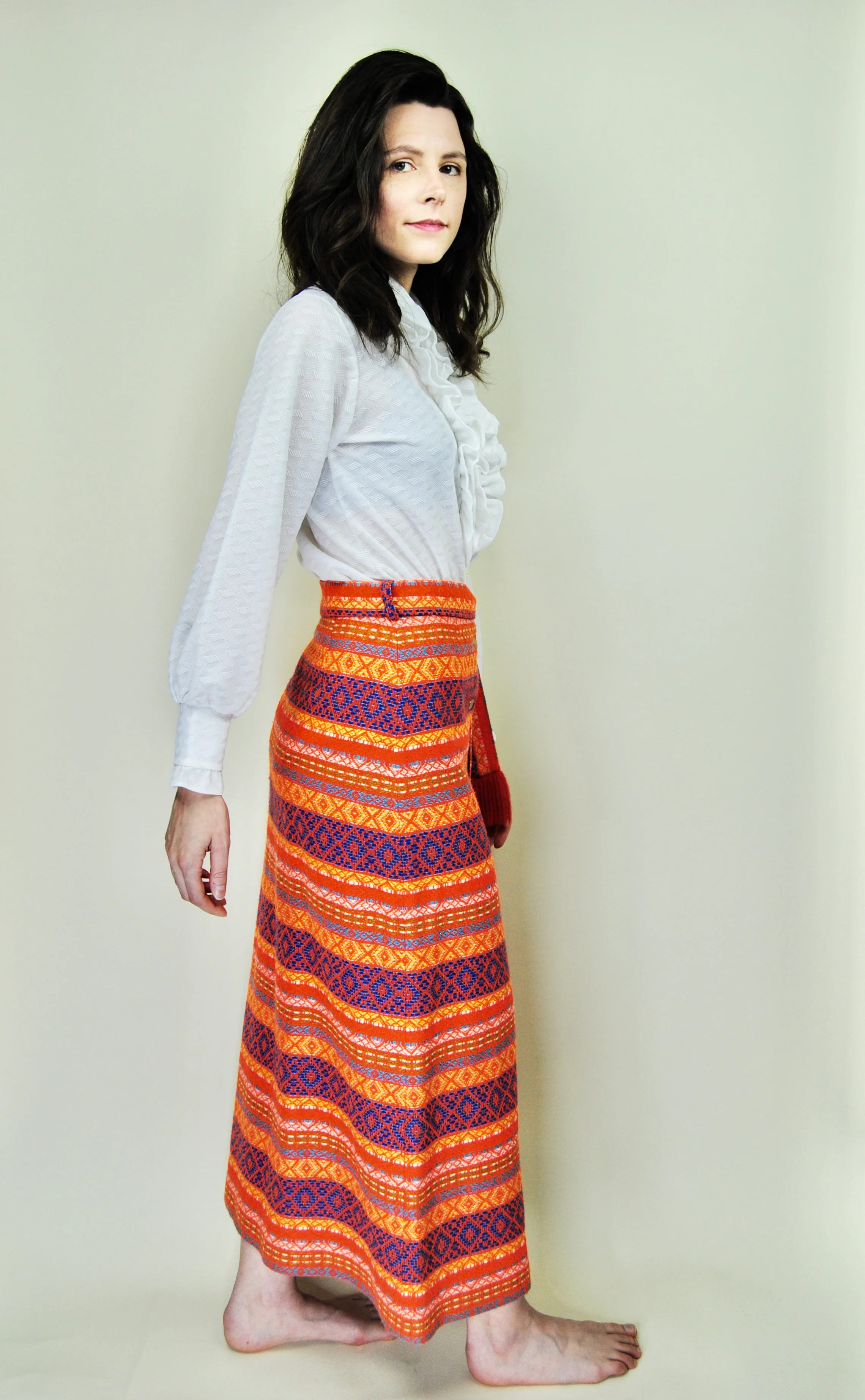 60s/70s Rare Orange Woven Knit Midi Skirt With Fringe Belt - Image 6