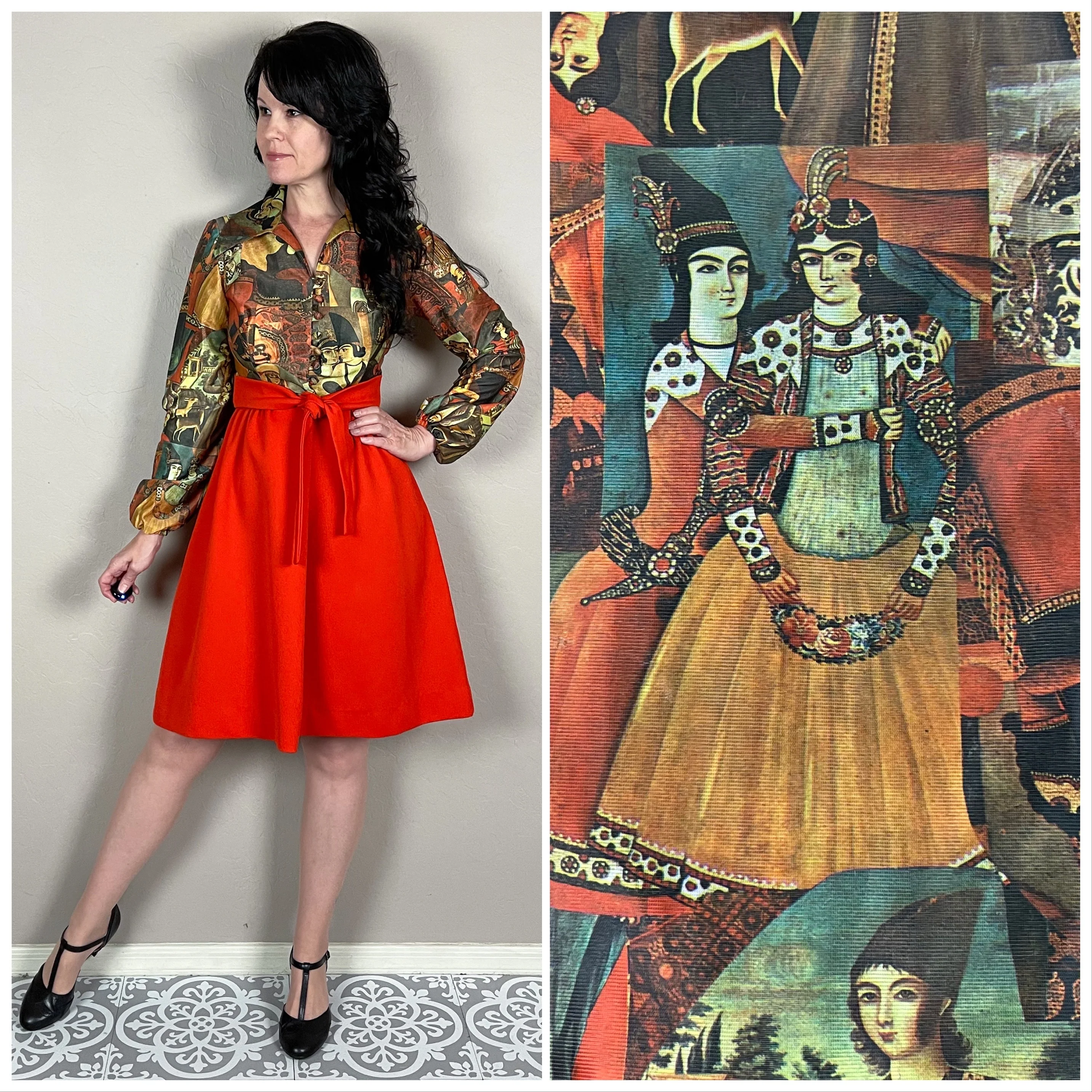 60s/70s Rare Persian Art Print Long Sleeve Mini Dress By Pbj by Jerell - Image 2