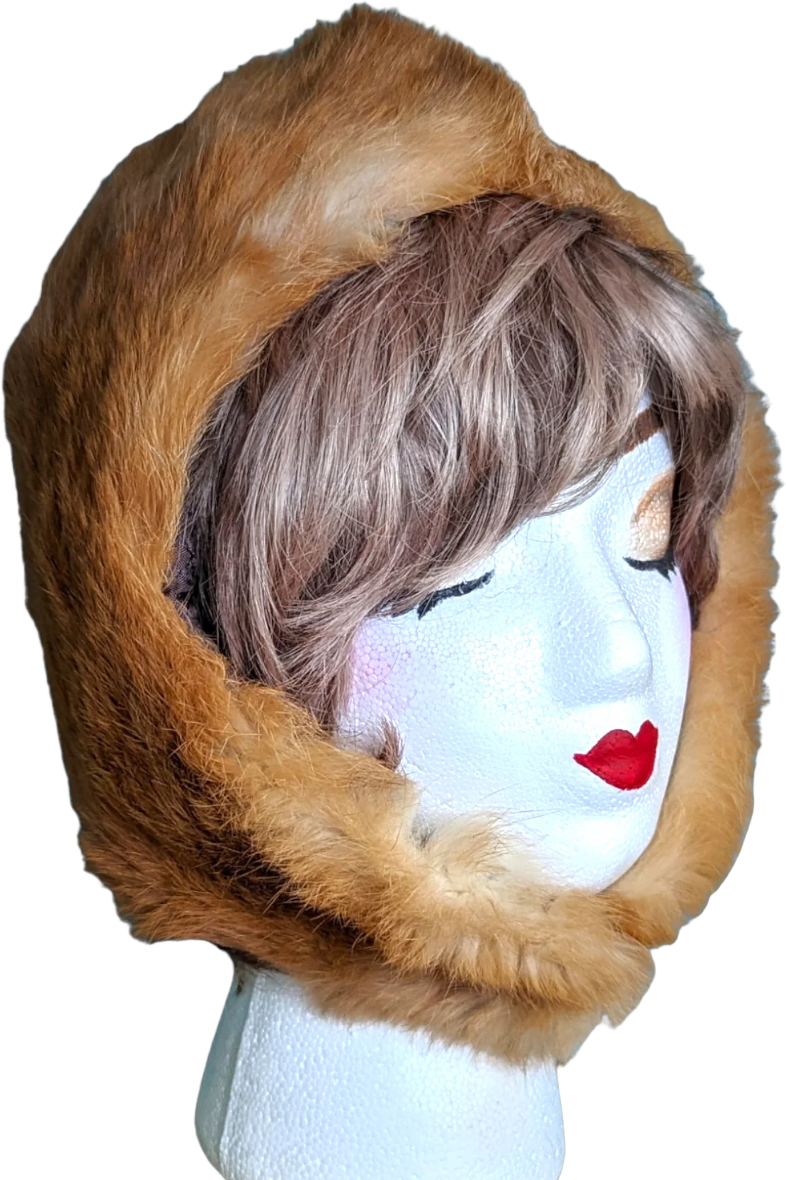 60s - 70s Red Brown Fur Bonnet Hat with Button Flap Chin Strap