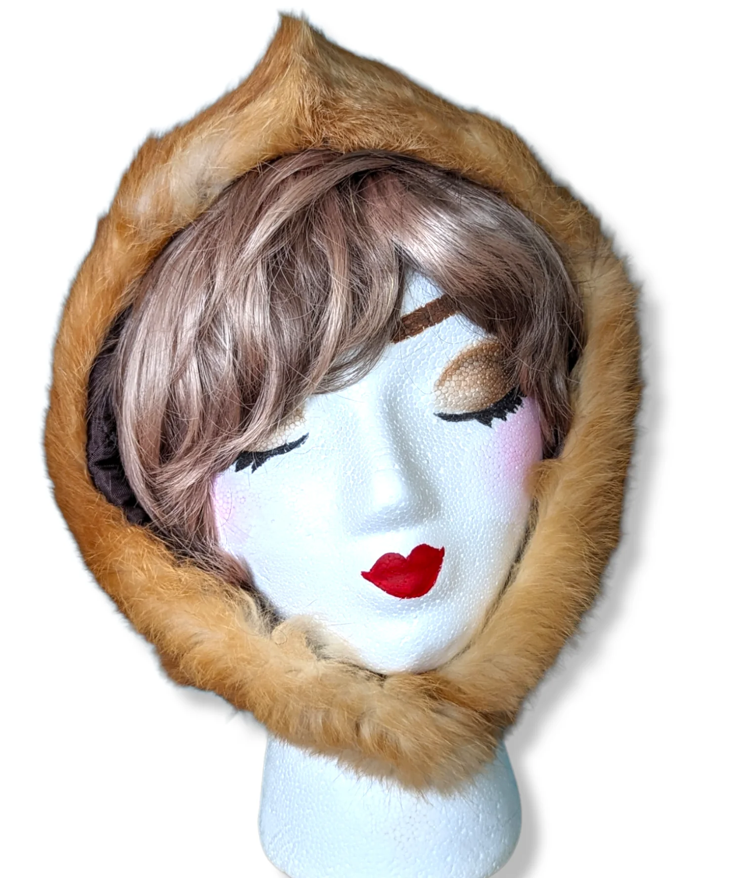 60s - 70s Red Brown Fur Bonnet Hat with Button Flap Chin Strap - Image 3