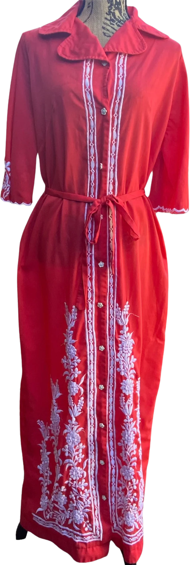60s/70s Red Floral Embroidered Maxi Dress