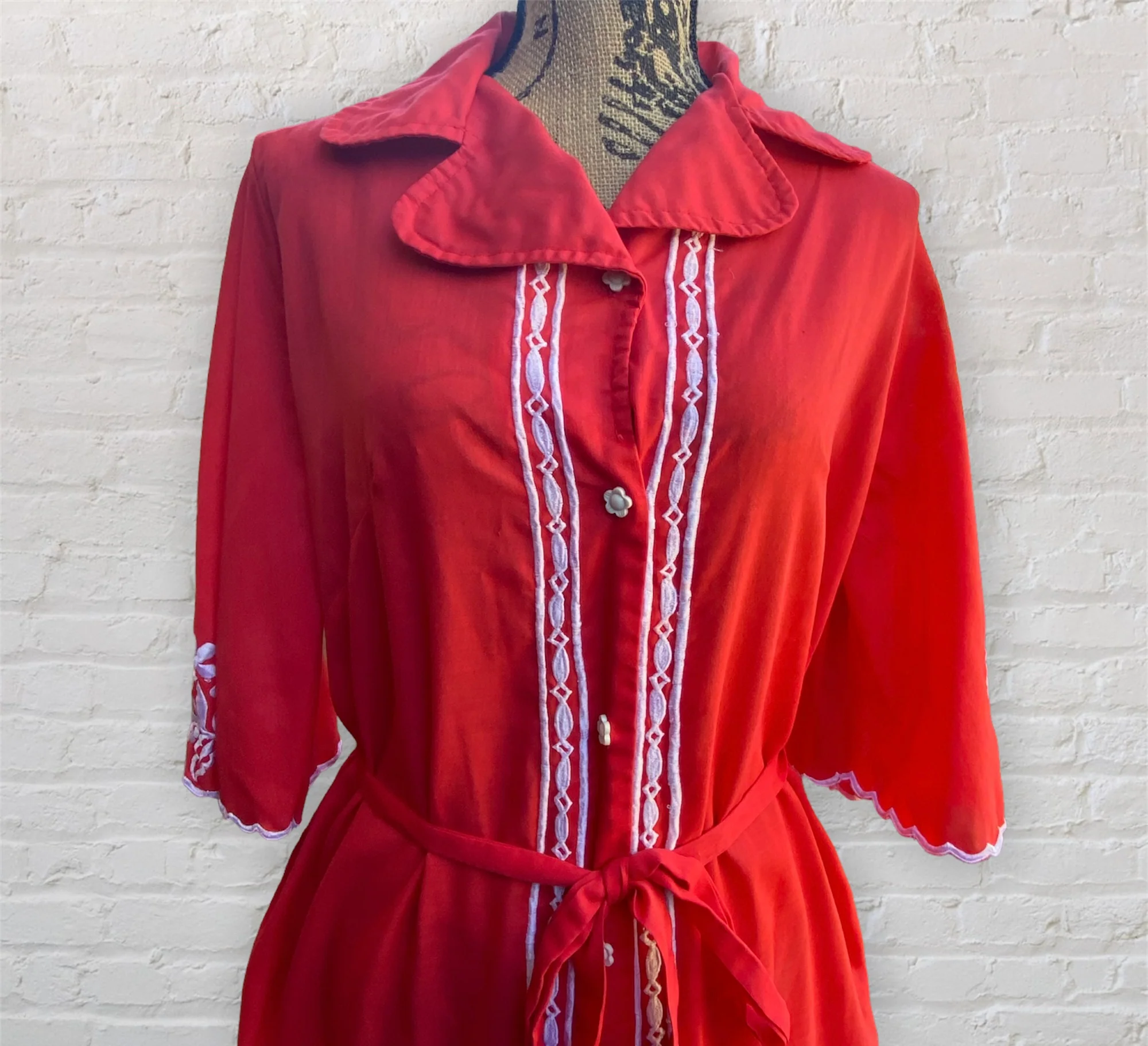 60s/70s Red Floral Embroidered Maxi Dress - Image 3