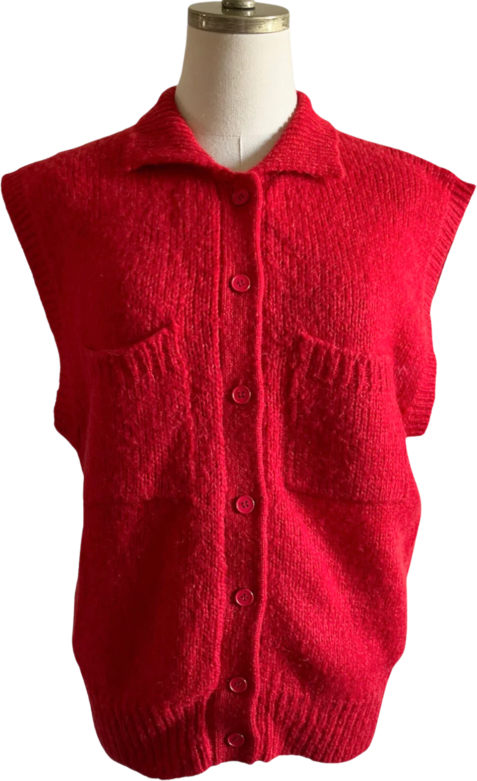 60s/70s Red Knit Sleeveless Cardigan Sweater Vest By Eje Sport