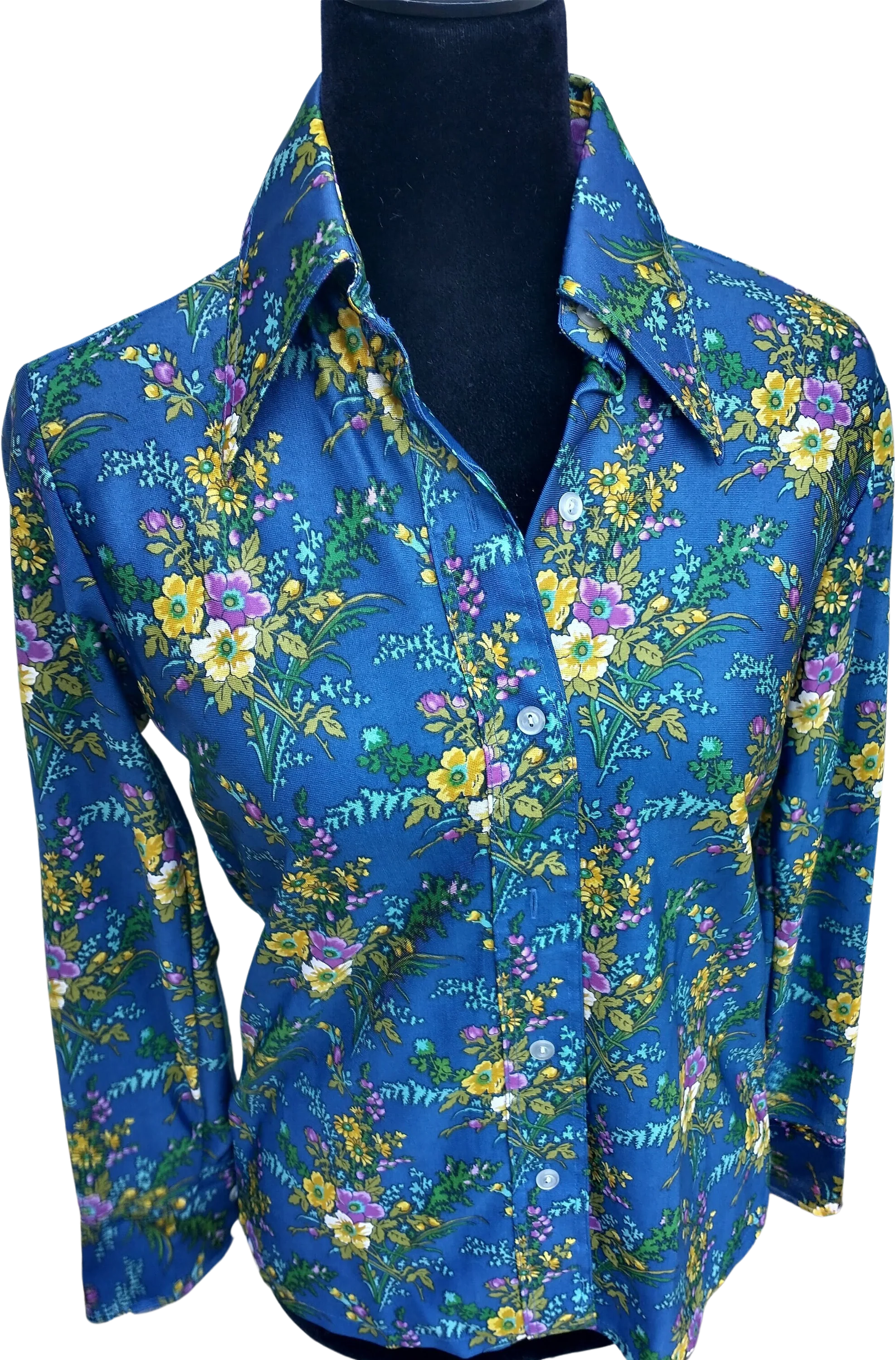60s 70s Retro Daggar Collar Disco Shirt Blue Floral Button Up Women's Blouse Small by Ms Limited