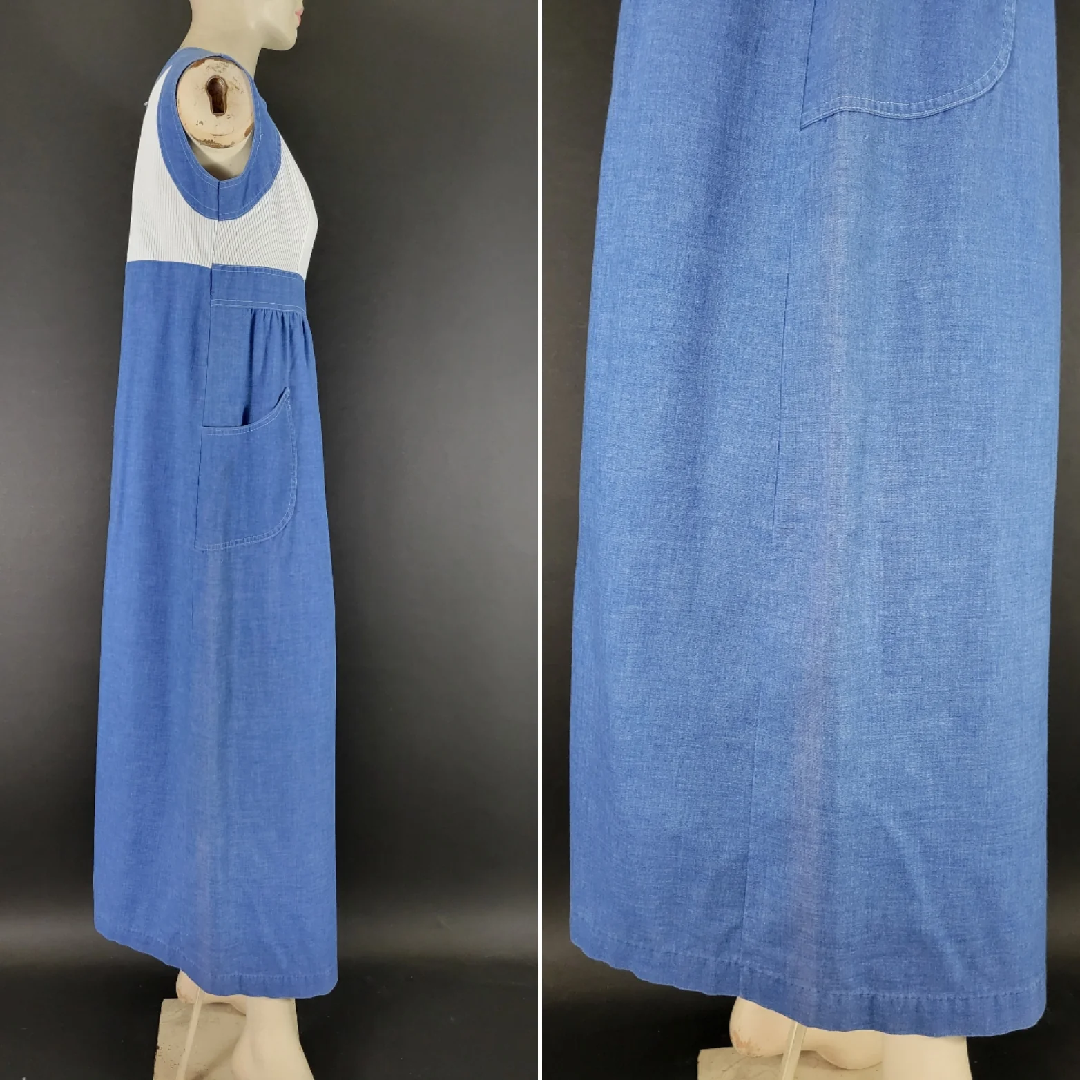 60s/70s Ribbed Denim Blue And White Sleeveless Maxi Dress - Image 13