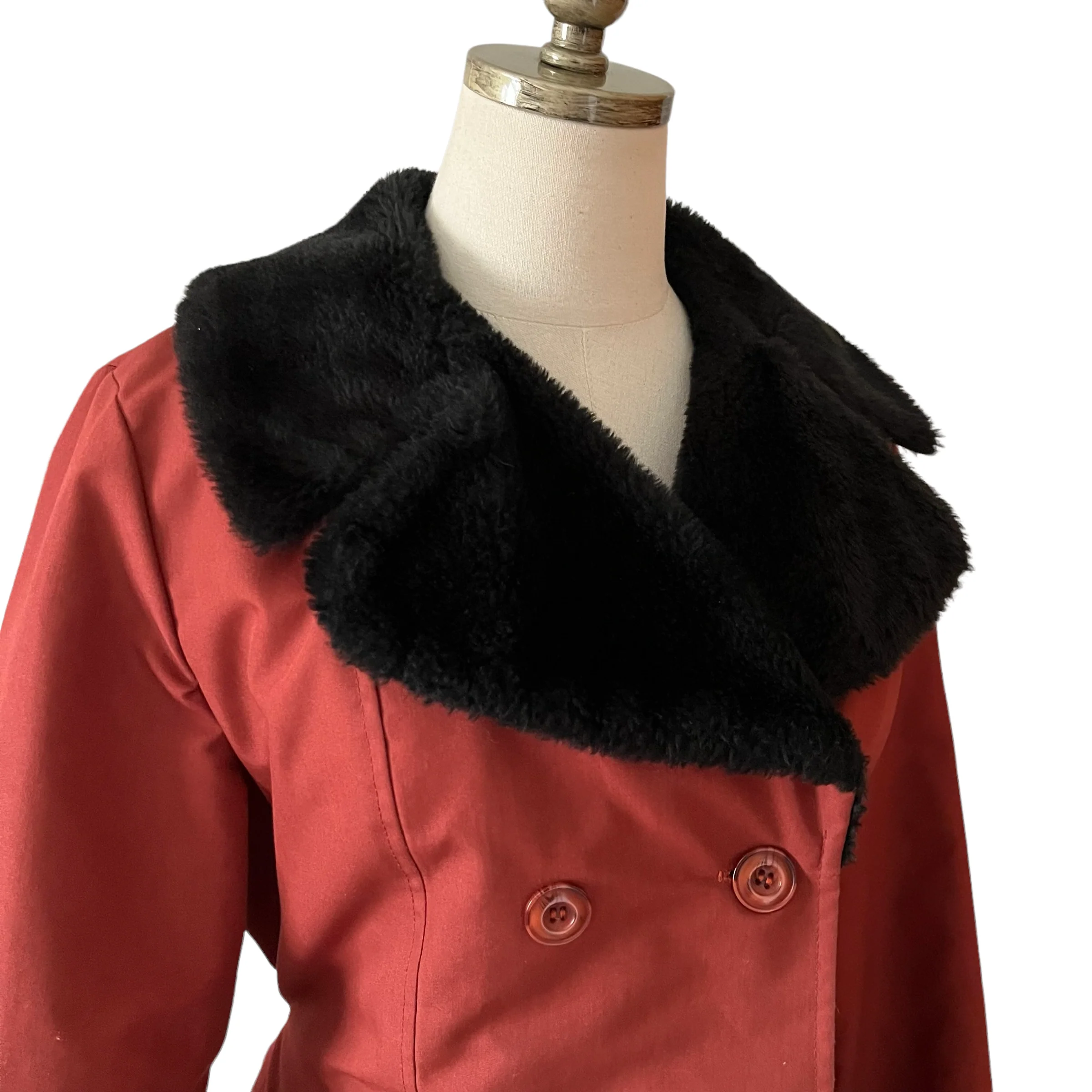 60s/70s Rust Orange Faux Fur Trimmed Trench Coat By Sears Fashions - Image 4
