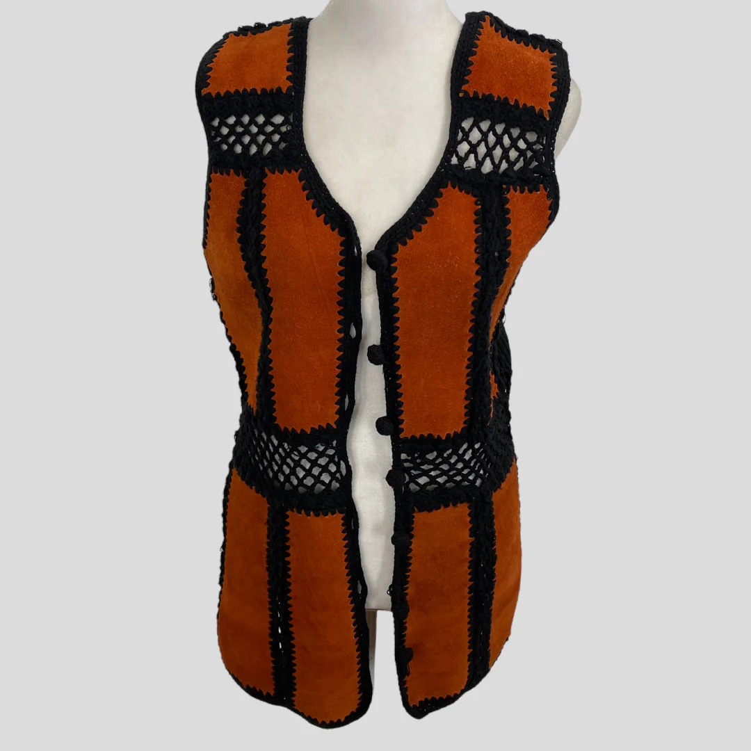 60s/70s Rust Orange Suede And Black Crochet Vest By Tami - Image 3