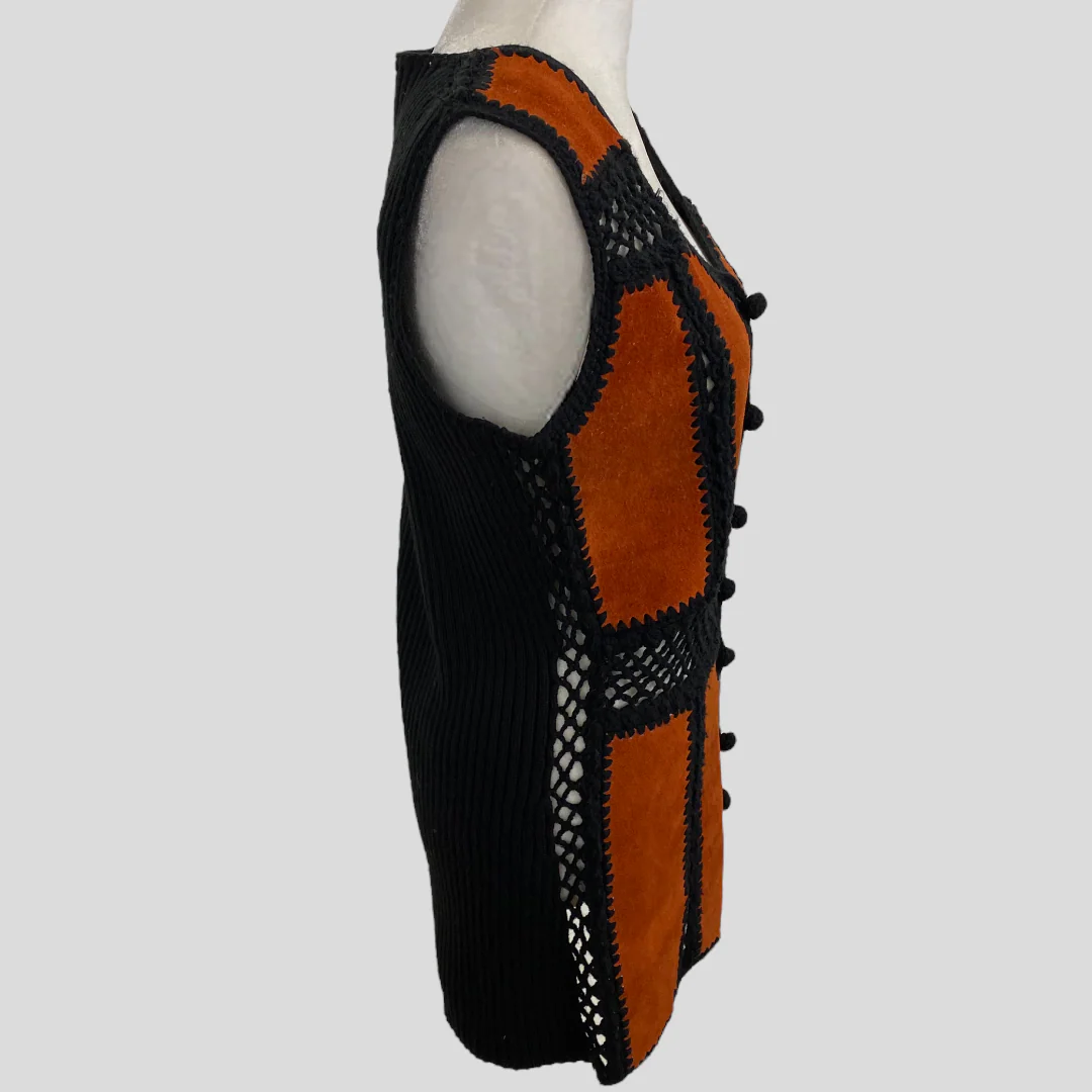 60s/70s Rust Orange Suede And Black Crochet Vest By Tami - Image 4