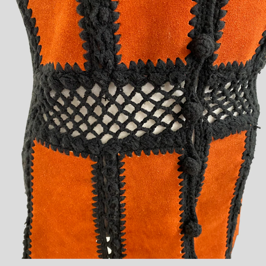 60s/70s Rust Orange Suede And Black Crochet Vest By Tami - Image 5