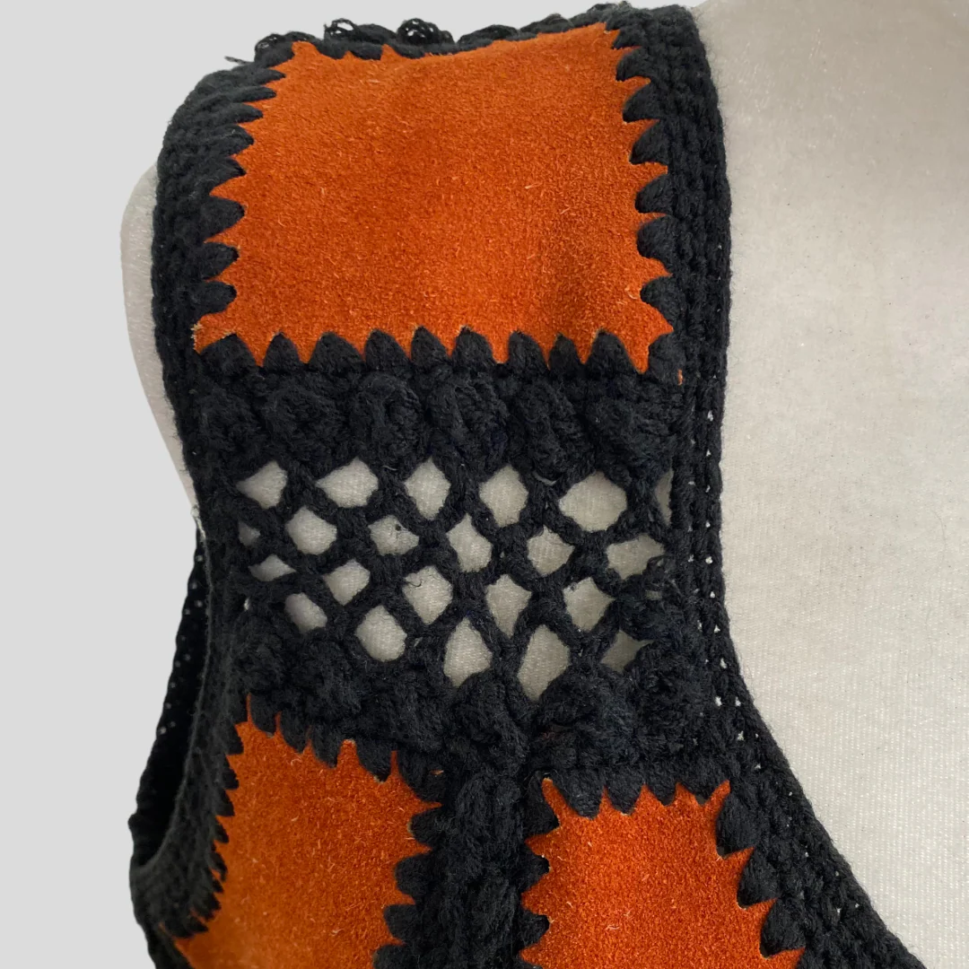 60s/70s Rust Orange Suede And Black Crochet Vest By Tami - Image 6