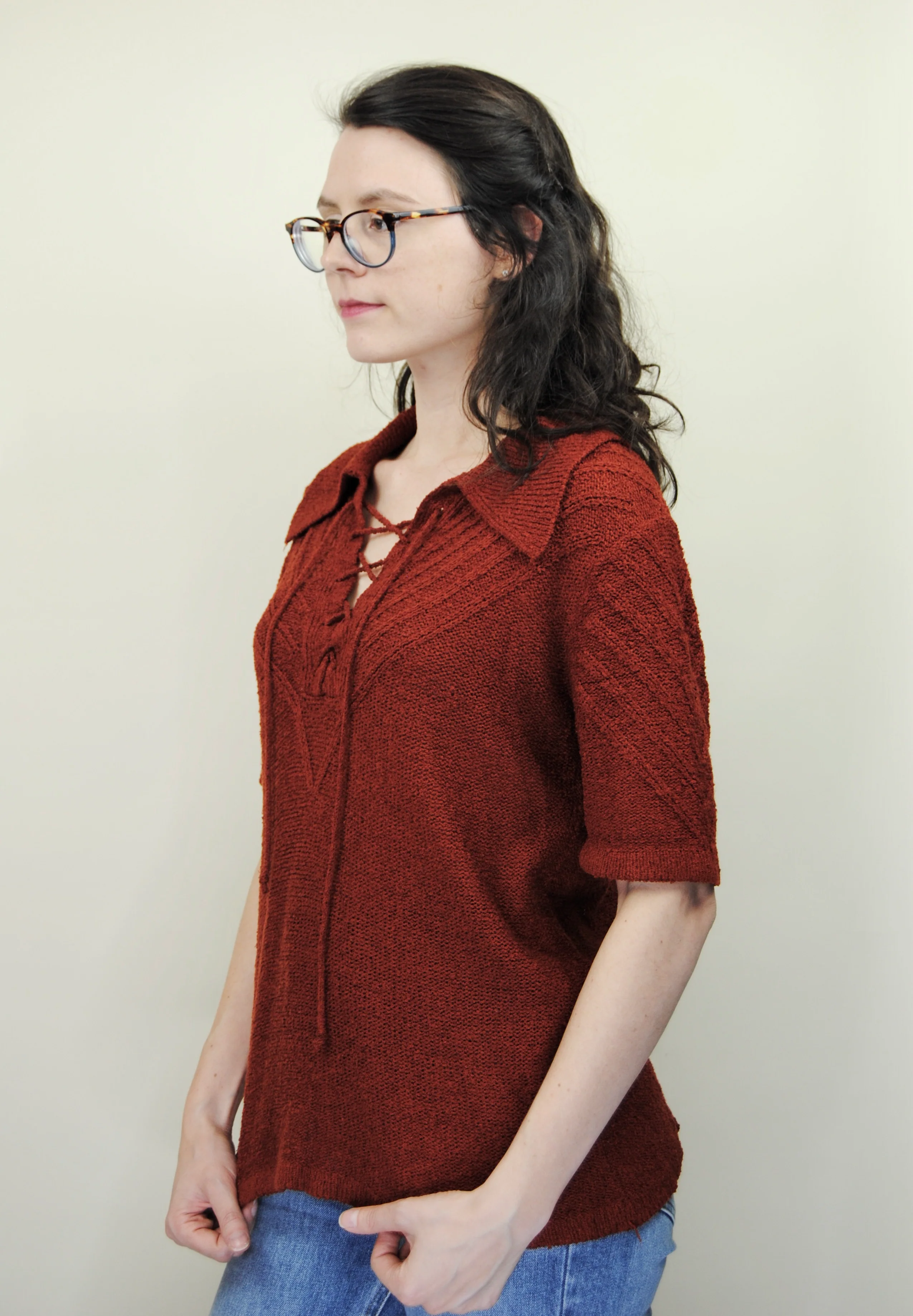 60s/70s Rusty Brown Boucle Short Sleeve Sweater - Image 4