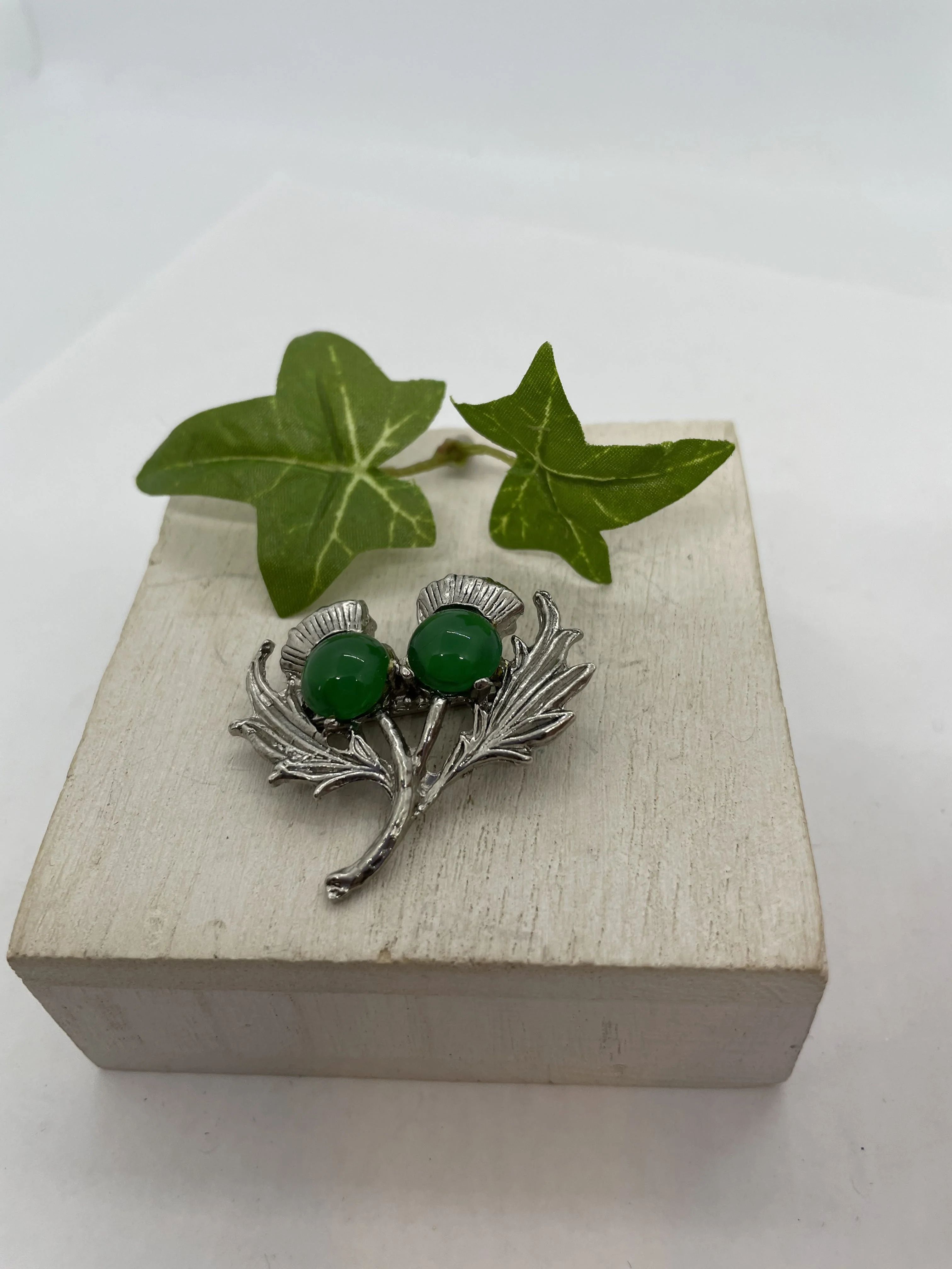 60s/70s Scottish Thistle Floral Brooch Green Silver By Accessocraft - Image 3
