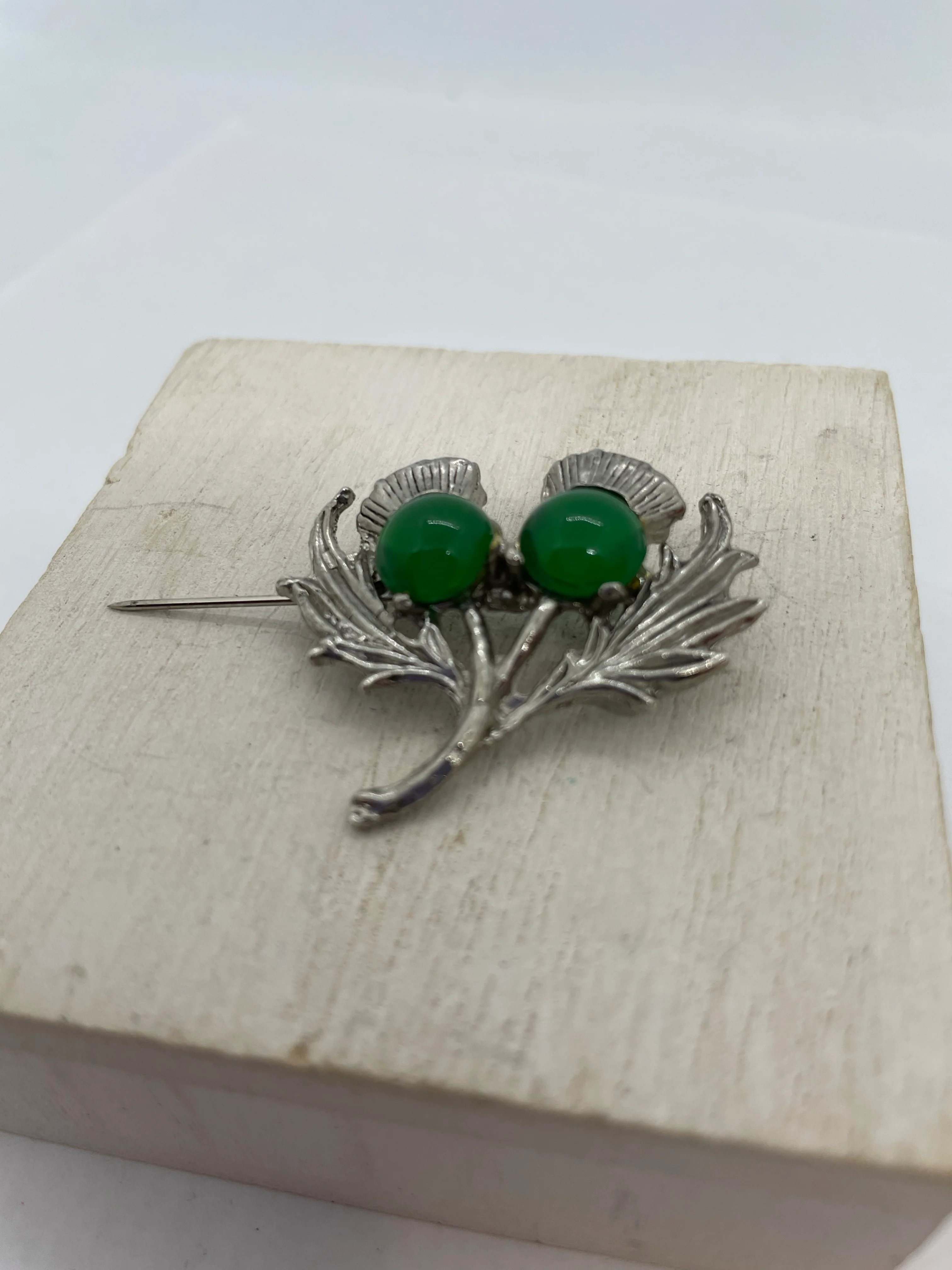 60s/70s Scottish Thistle Floral Brooch Green Silver By Accessocraft - Image 4