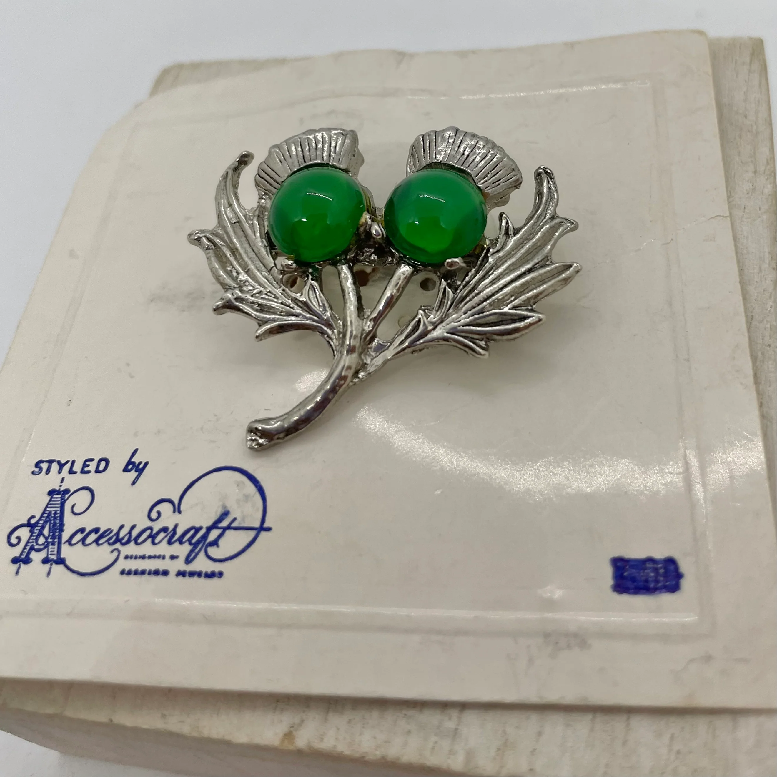 60s/70s Scottish Thistle Floral Brooch Green Silver By Accessocraft - Image 6