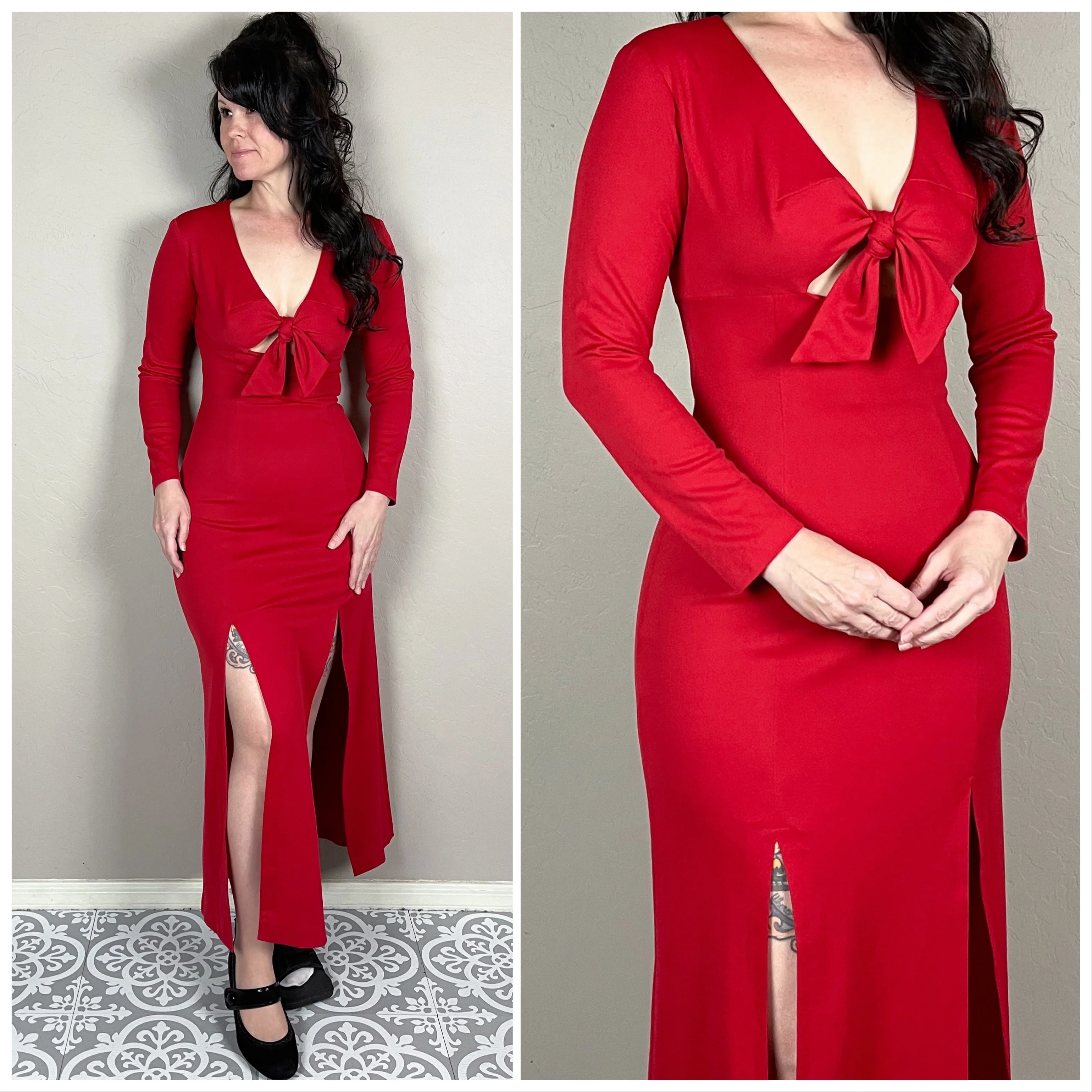 60s/70s Sexy Red Cutout Long Sleeve Body-con Maxi - Image 2