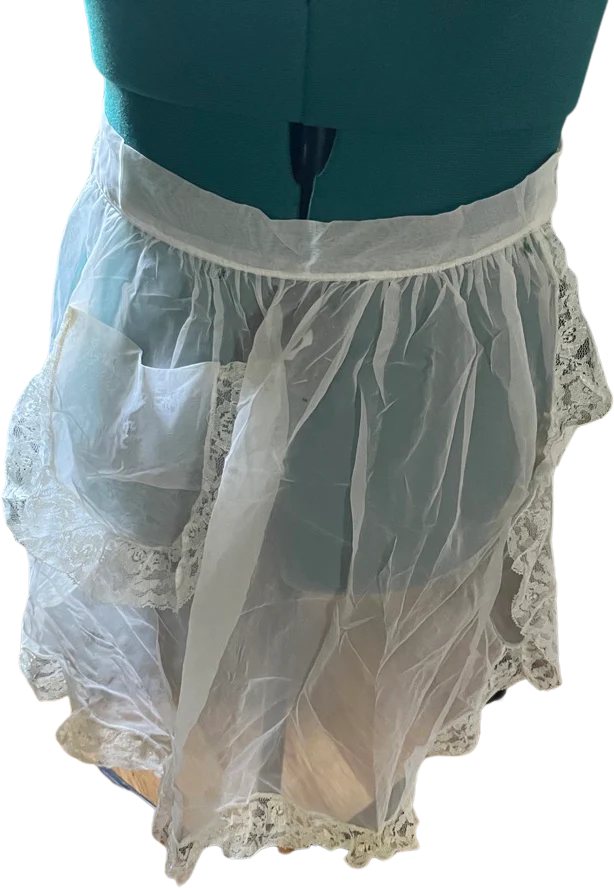 60s/70s Sheer White Delicate Chiffon And Lace Mini Apron