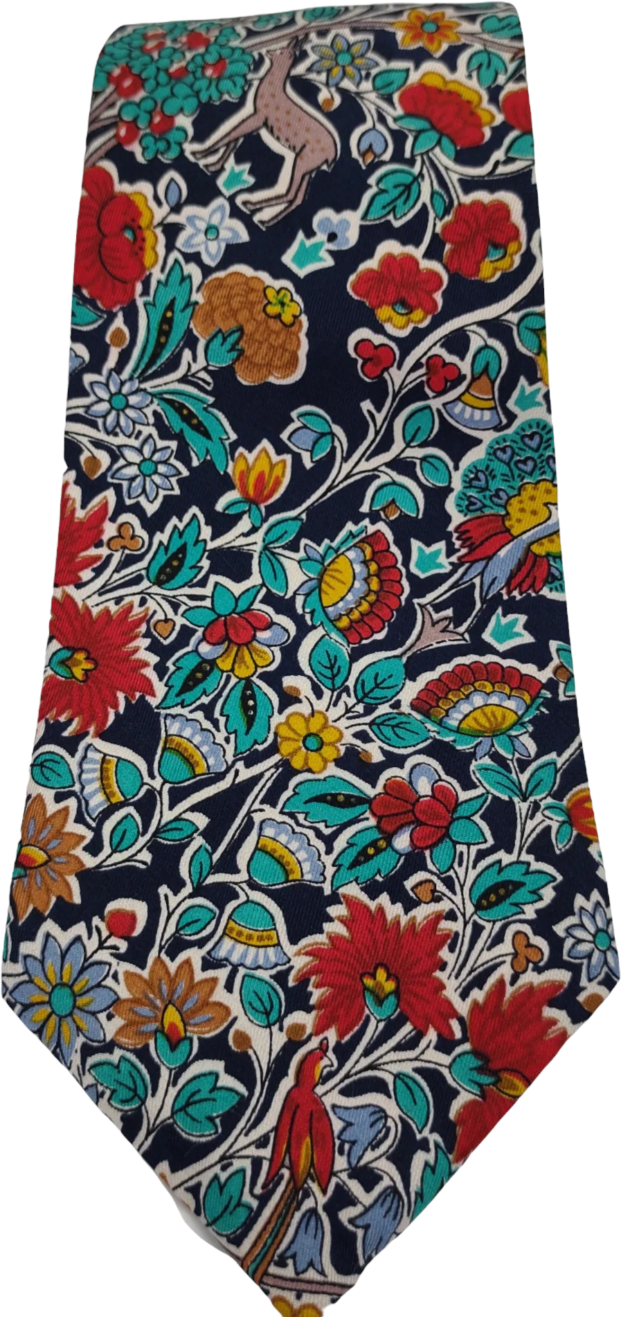 60s/70s Short Wide Boho Floral Deer Print Neck Tie By Liberty of London