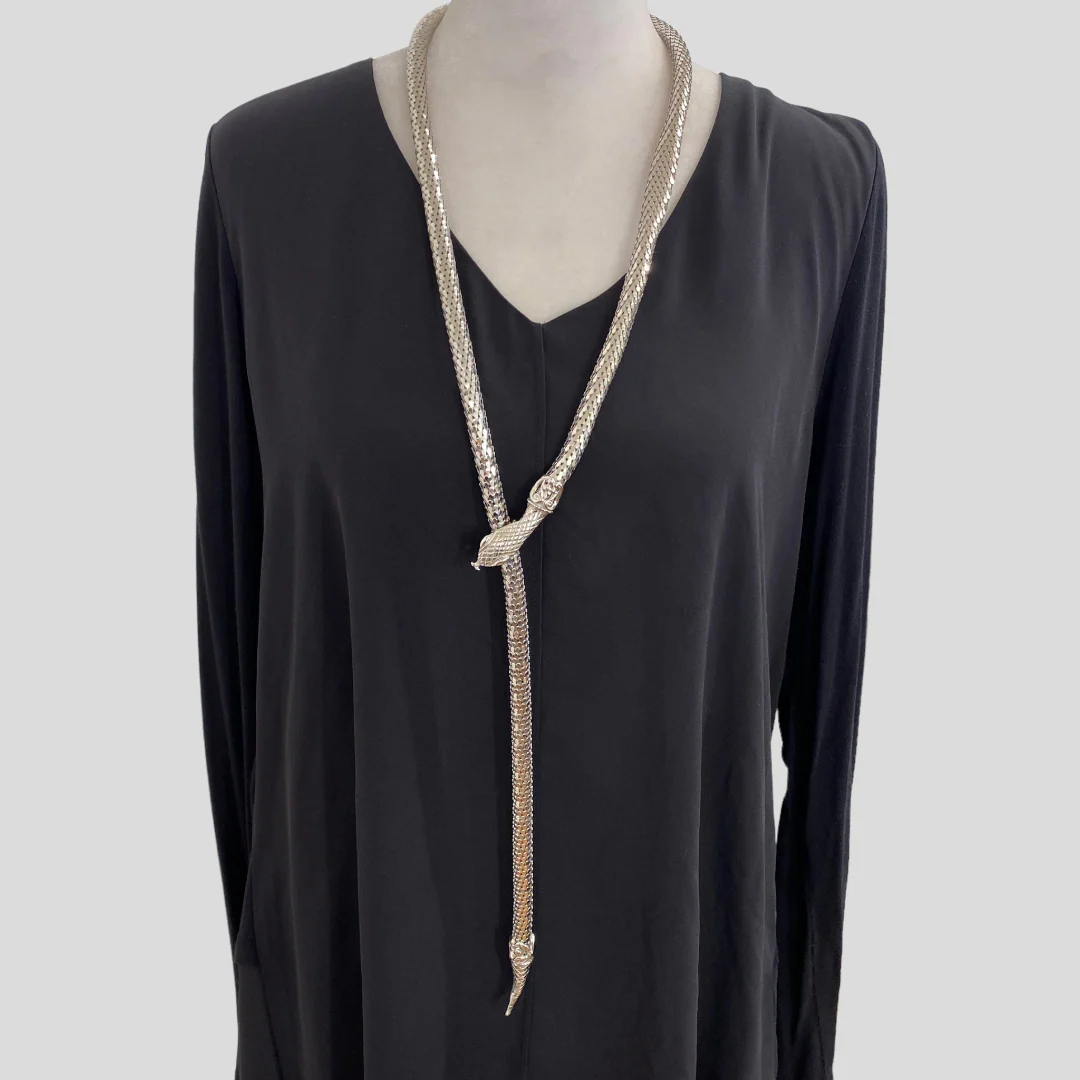 60s/70s Silver Chainmail Snake Lariat Necklace Or Belt By Whiting & Davis - Image 3