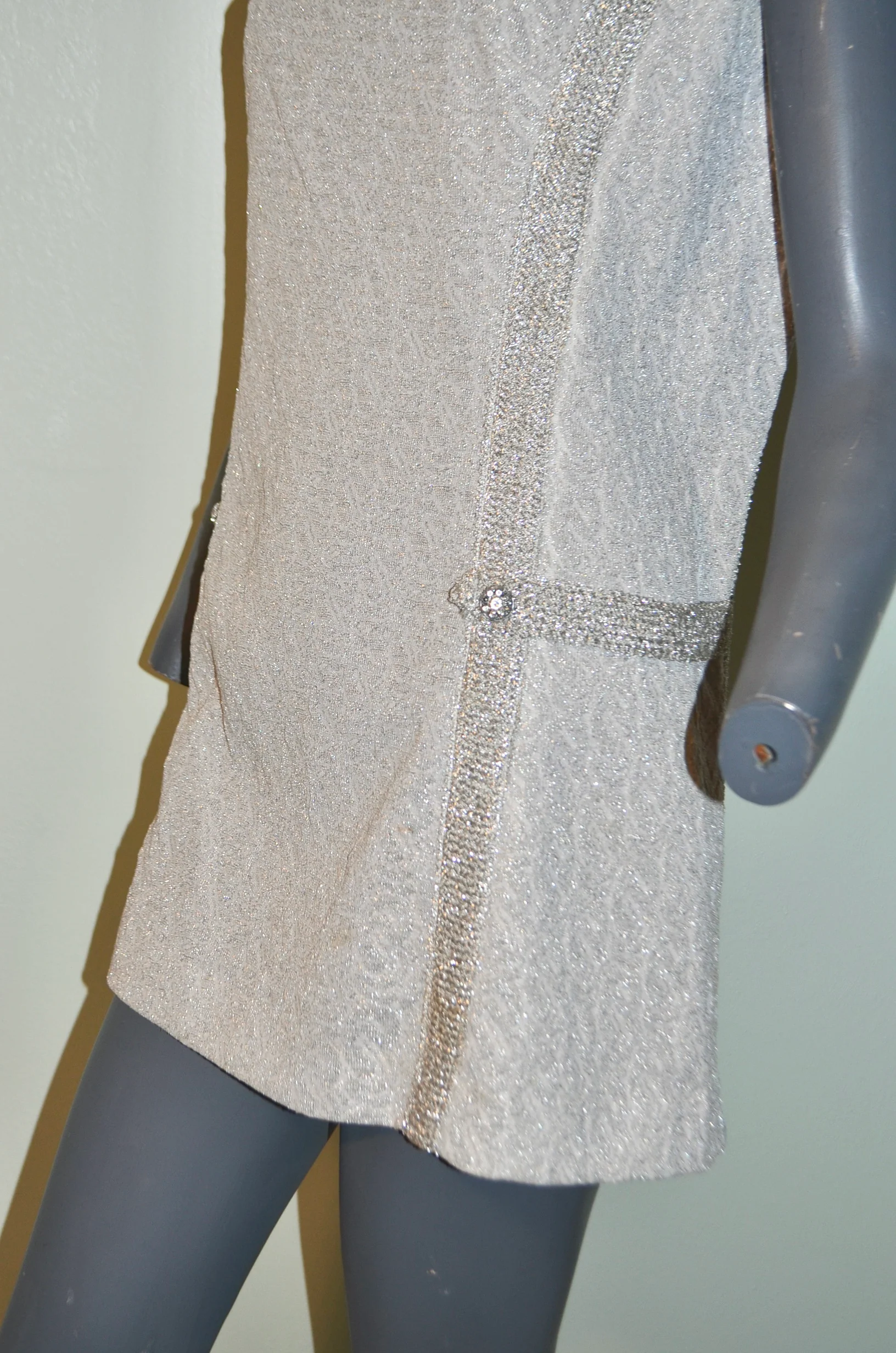 60s/70s Silver Mod Mini Shift Dress Rhinestone Buttons - Image 8
