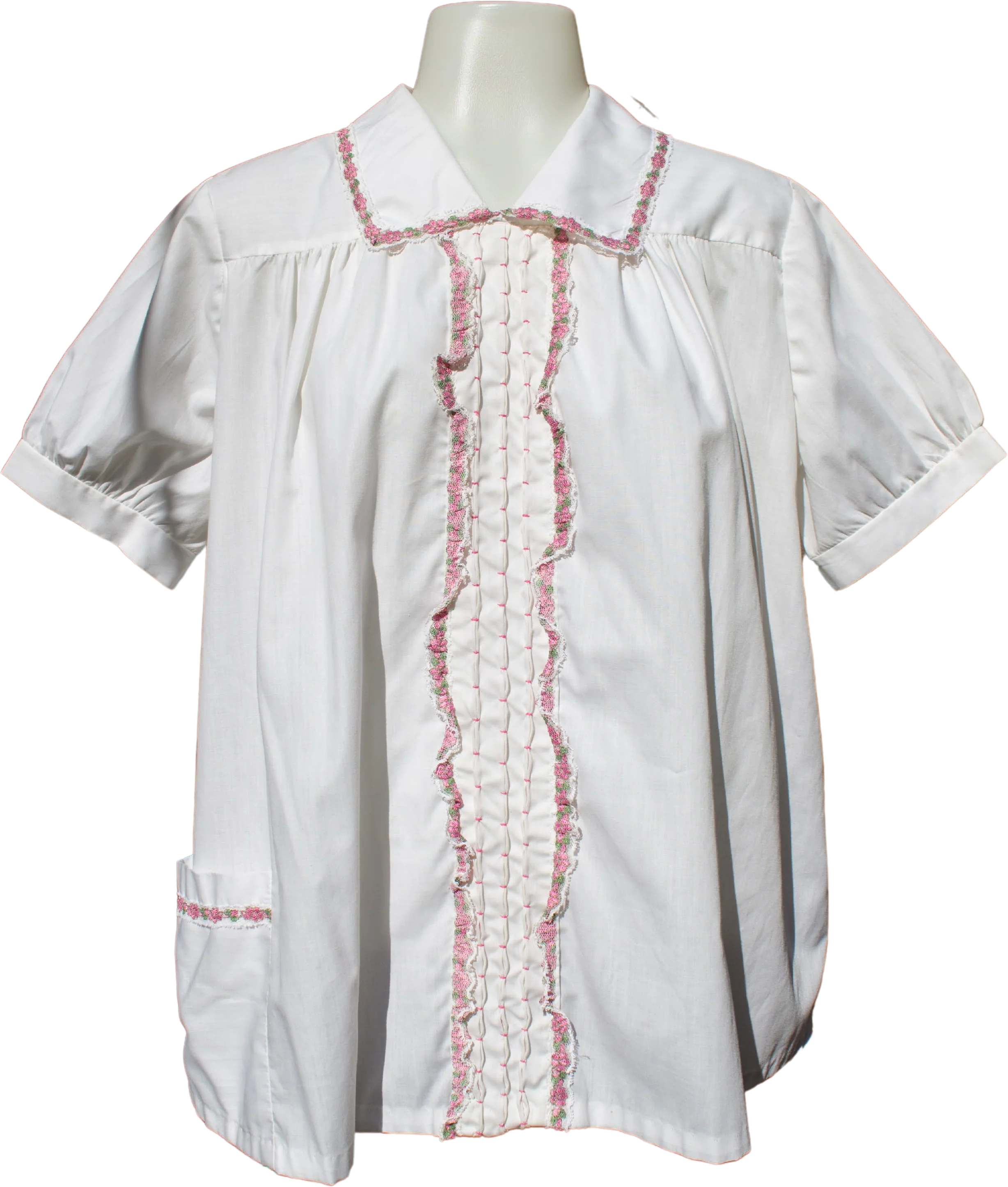 60s/70s Single Stitch Cotton Blouse With Pink Lace Trim