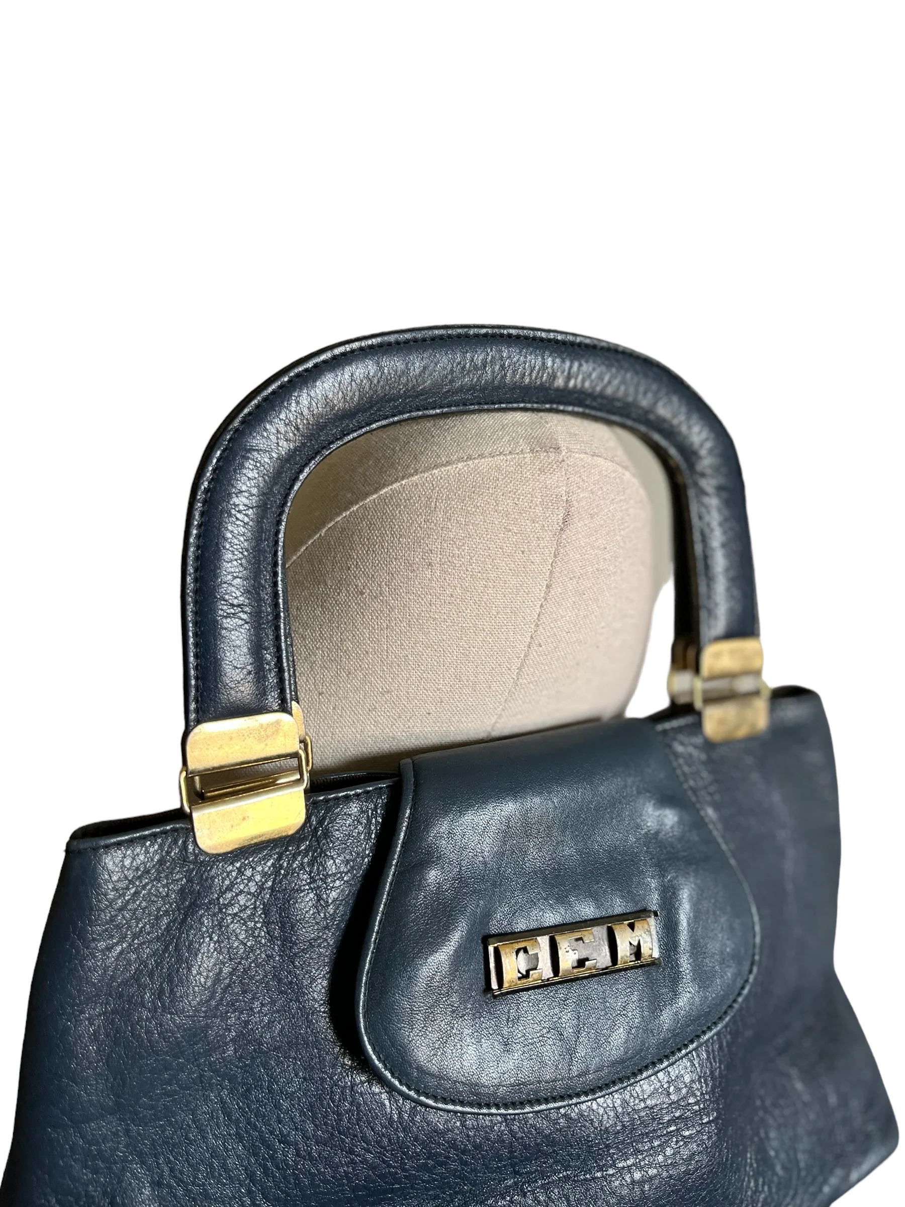 50s/60s Small Blue Leather Monogram Handbag - Image 4