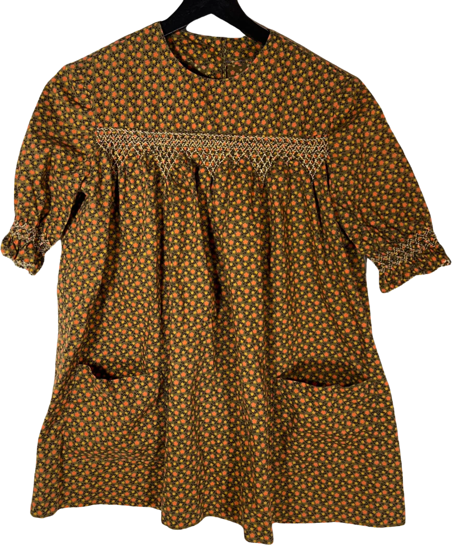 60s/70s Smocked Girls Dress In Brown Floral Handmade