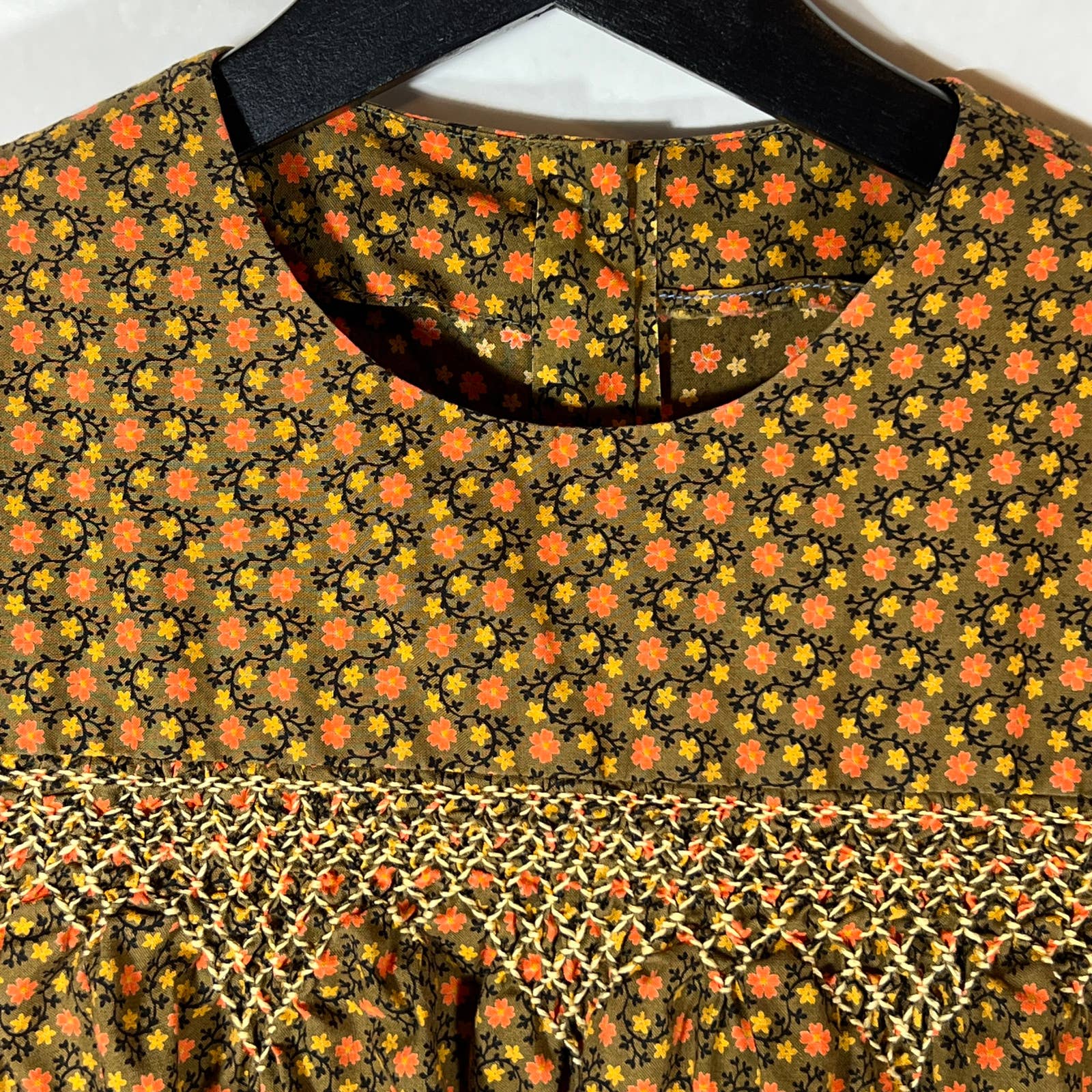 60s/70s Smocked Girls Dress In Brown Floral Handmade - Image 4