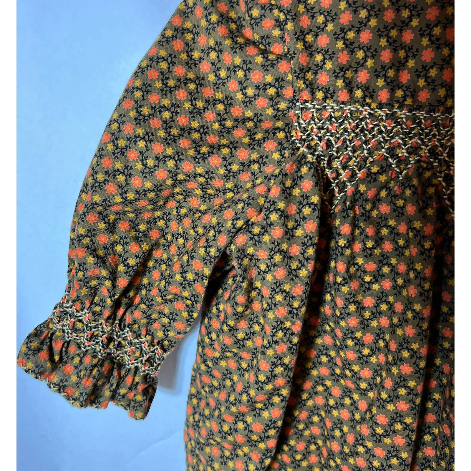 60s/70s Smocked Girls Dress In Brown Floral Handmade - Image 7