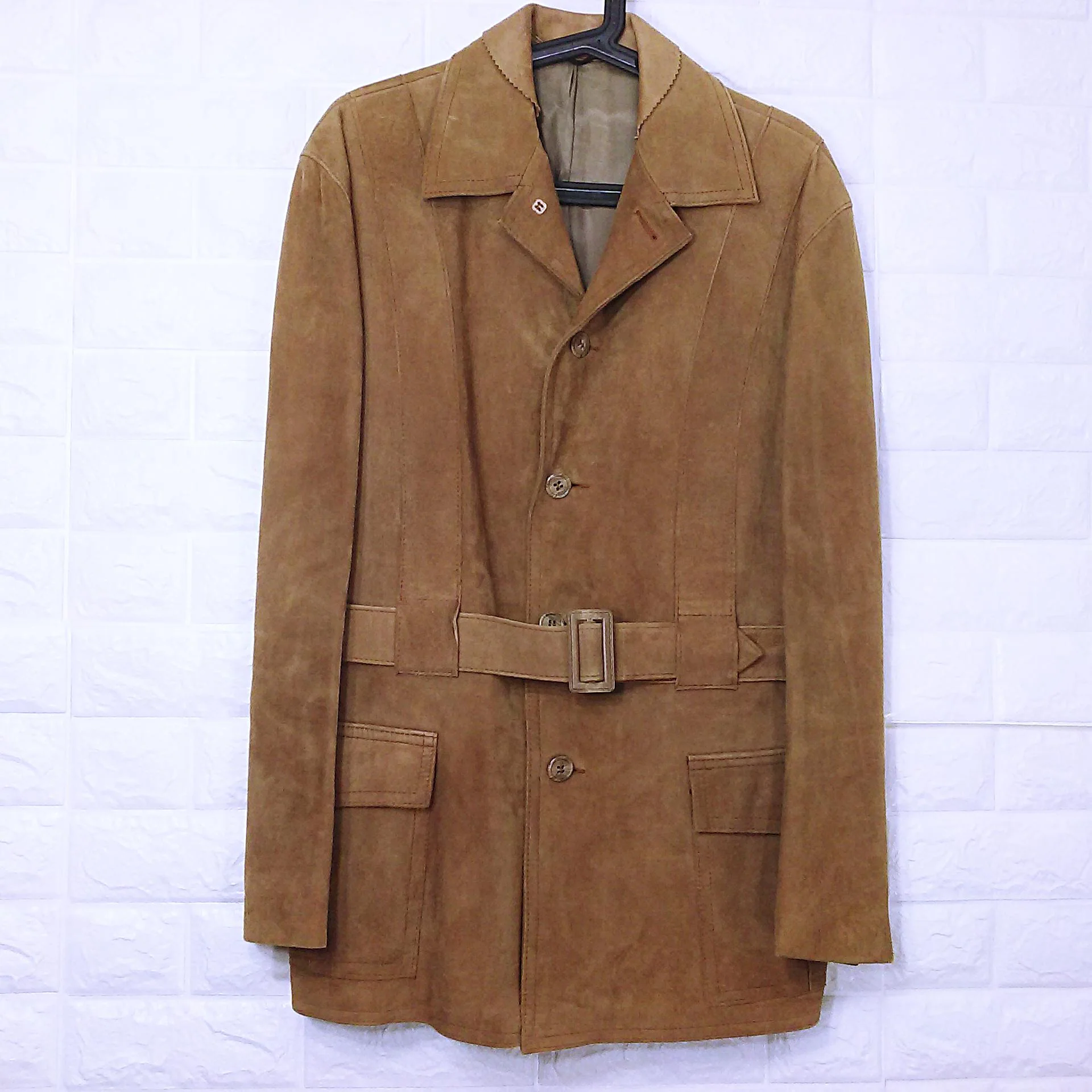 60s/70s Suede Leather Jacket Safari Car Coat Belted Pocket By Crimo Exclusive Made In Denmark - Image 3