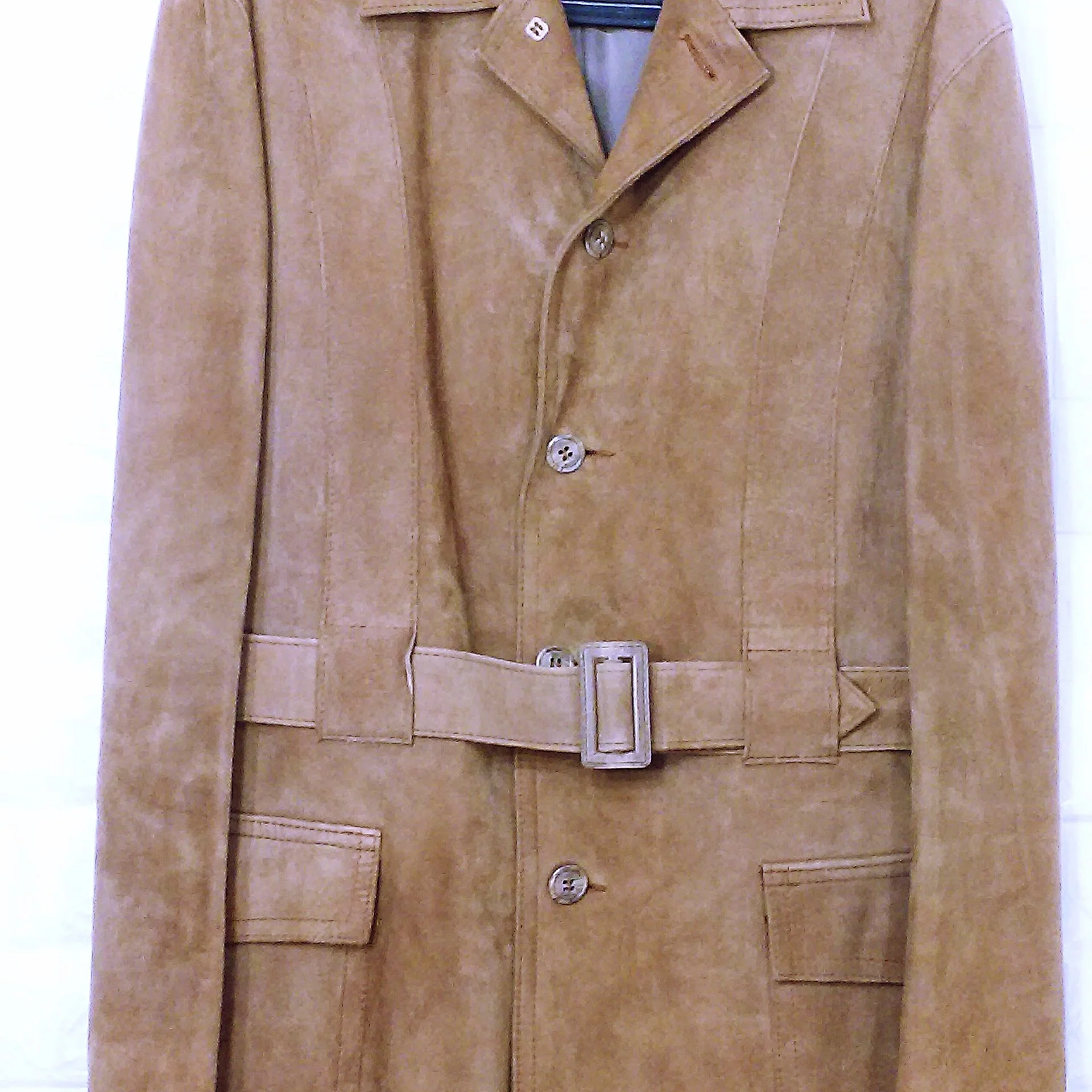 60s/70s Suede Leather Jacket Safari Car Coat Belted Pocket By Crimo Exclusive Made In Denmark - Image 4