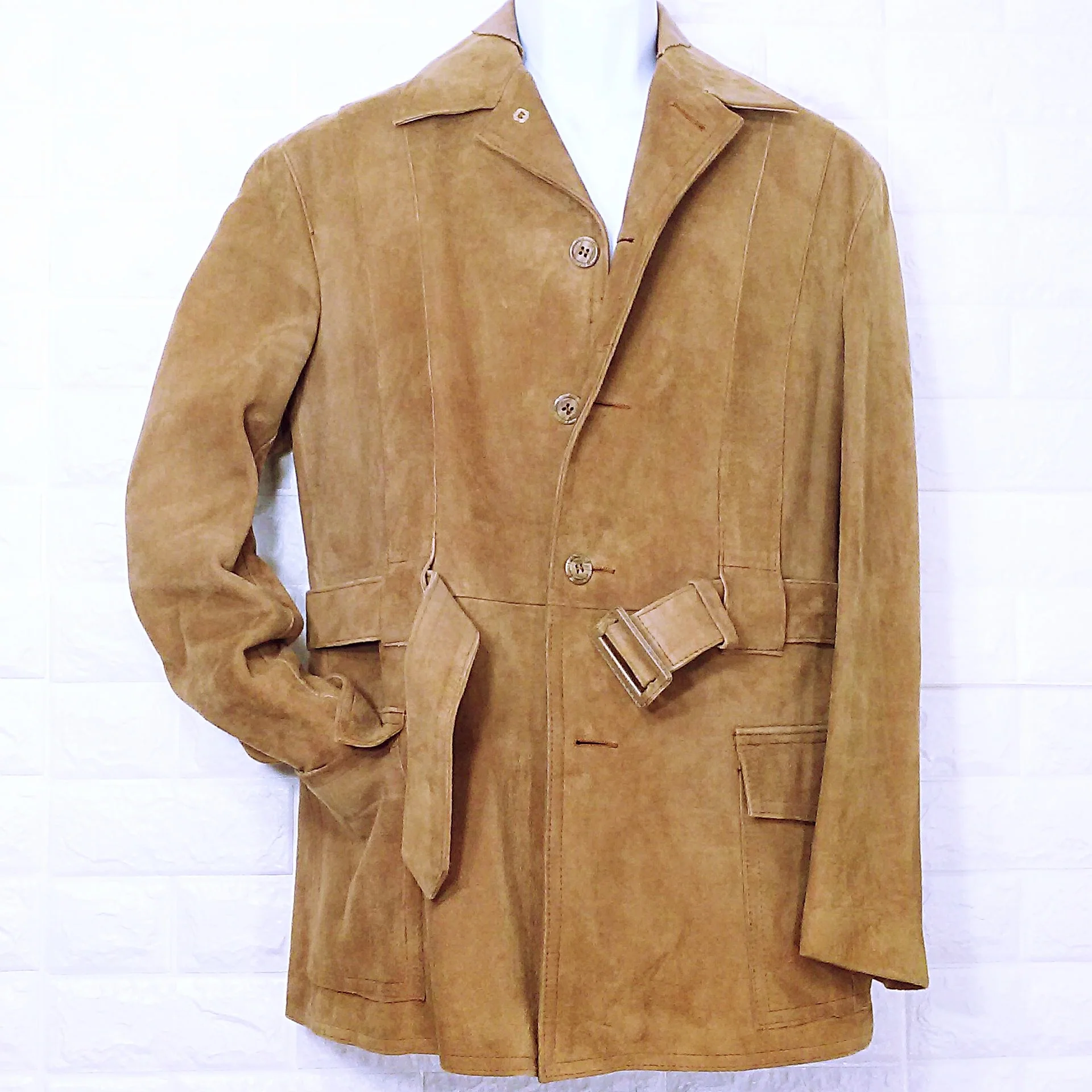 60s/70s Suede Leather Jacket Safari Car Coat Belted Pocket By Crimo Exclusive Made In Denmark - Image 7