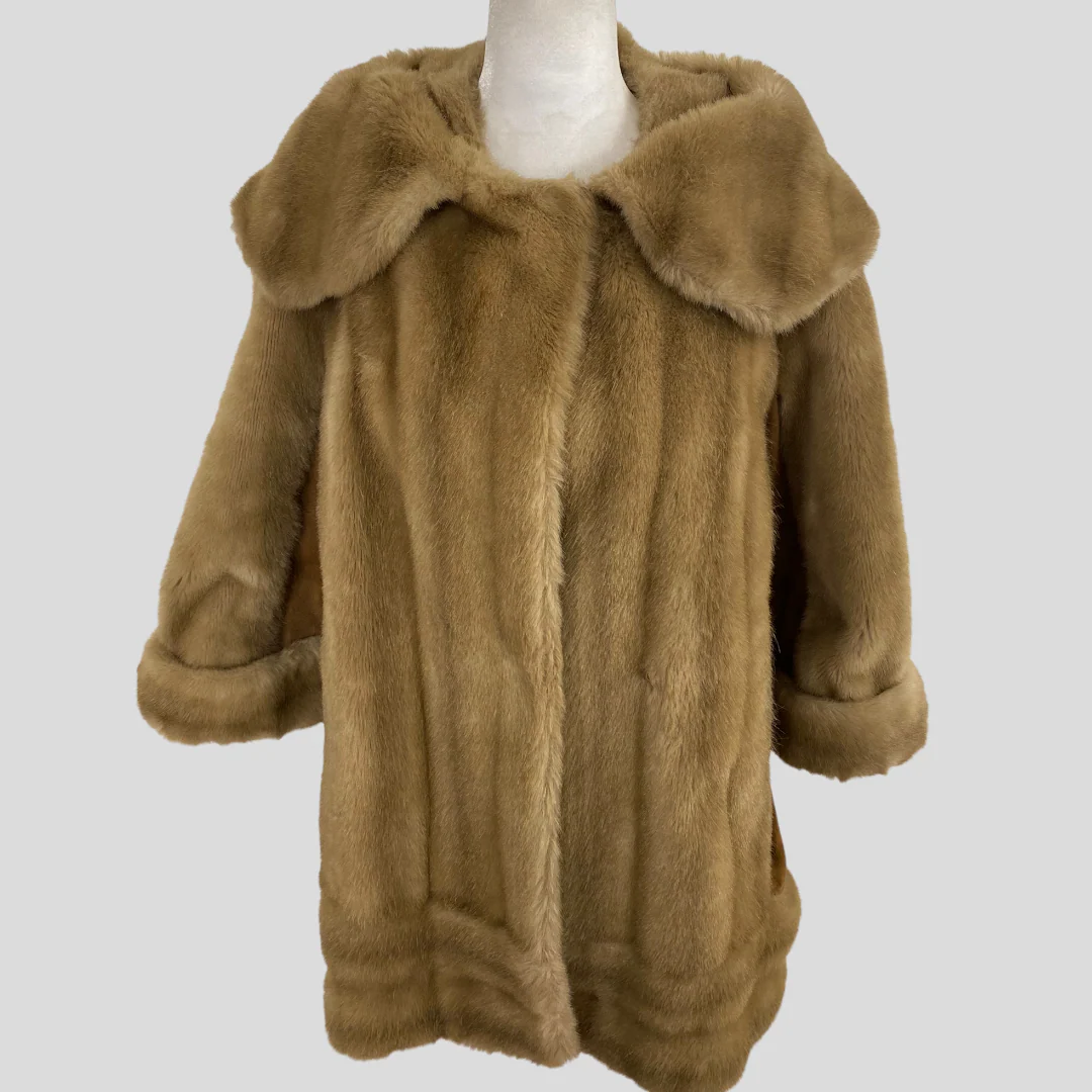 60s/70s Tan Faux Fur Belted Jacket With Suede Sides By Lilli Ann - Image 3