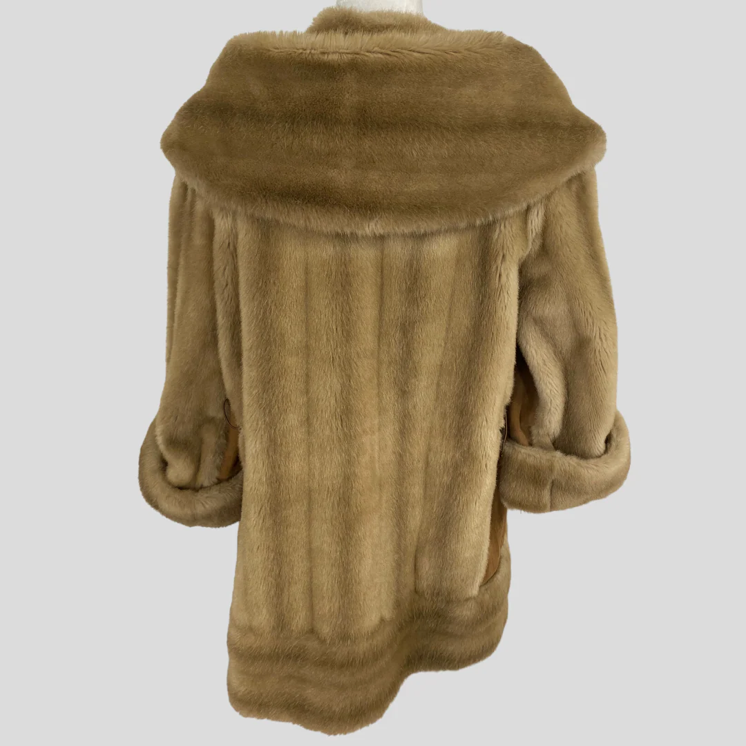 60s/70s Tan Faux Fur Belted Jacket With Suede Sides By Lilli Ann - Image 4
