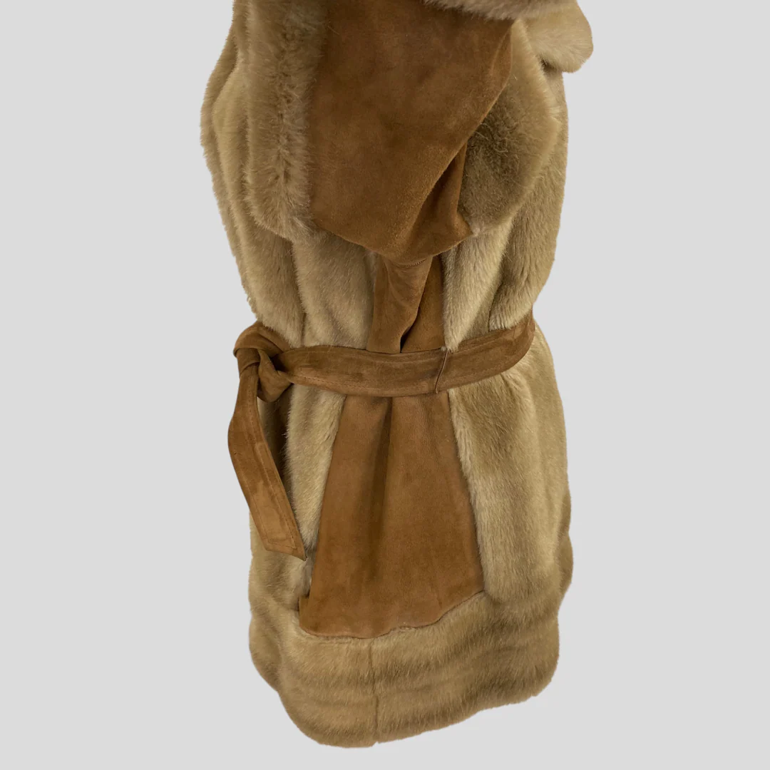 60s/70s Tan Faux Fur Belted Jacket With Suede Sides By Lilli Ann - Image 8