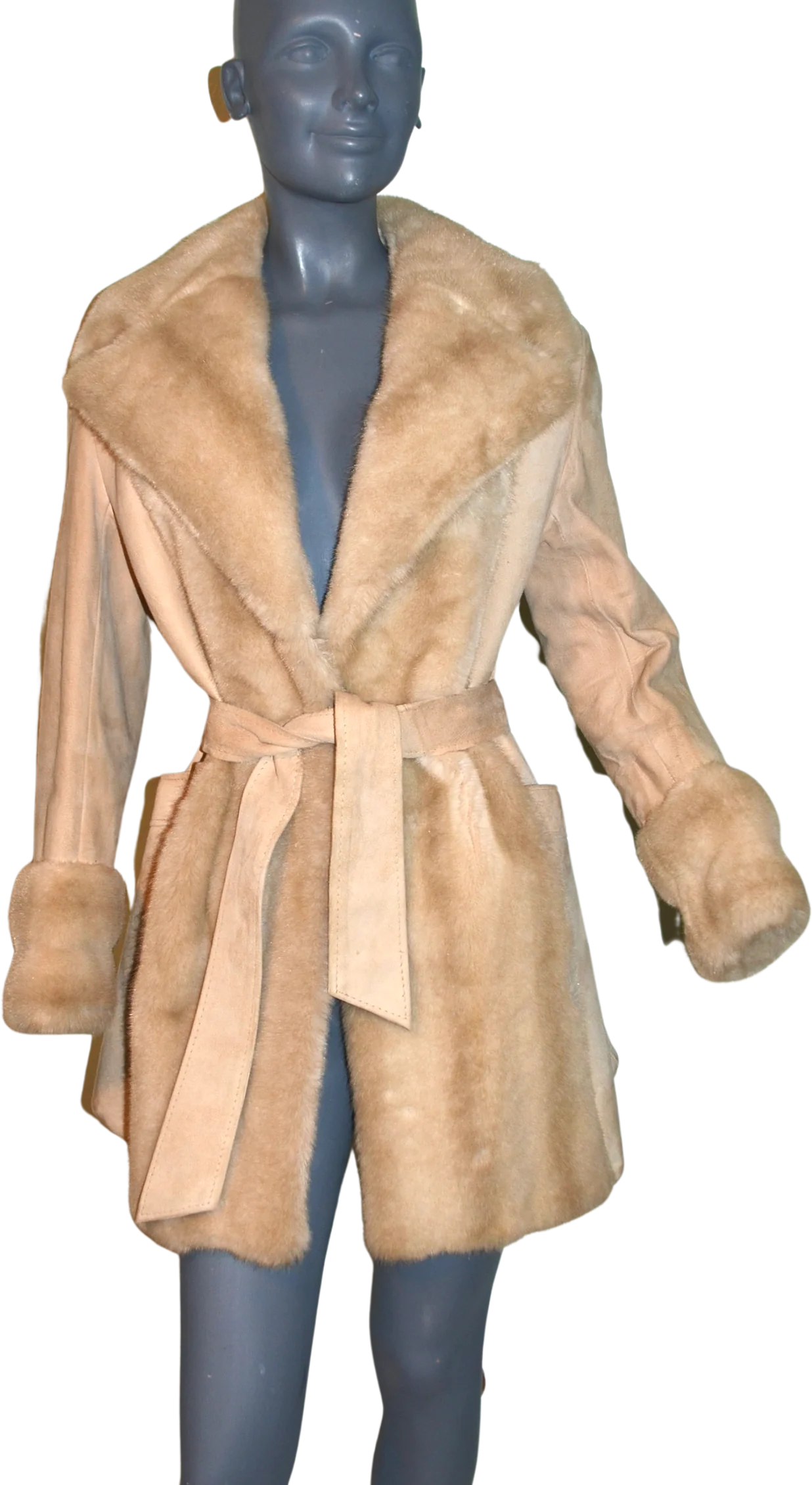 60s/70s Tan Suede And Faux Fur Cinch Coat. By Lilli Ann and Leathers of London