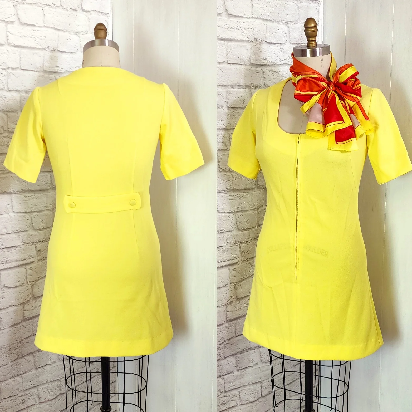 60s/70s Vibrant Yellow Zip Front Scoop Neck Dress - Image 3
