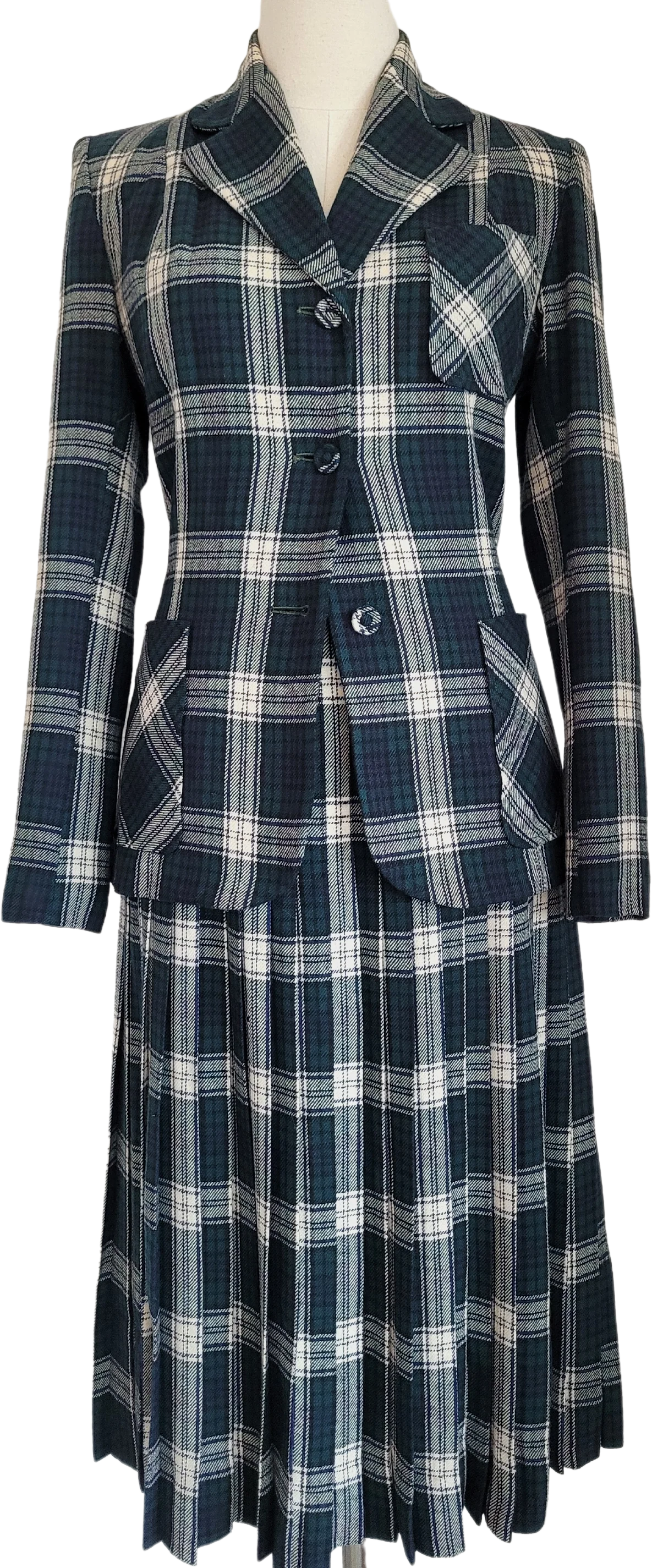 60s/70s Vintage Black Watch Tartan Wool Skirt Suit Pleated By Sportcraft Inc.