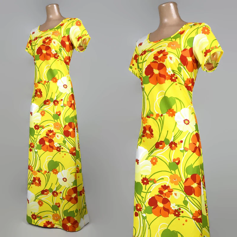 60s/70s Vintage Bright Floral Hawaiian Maxi Dress - Image 5