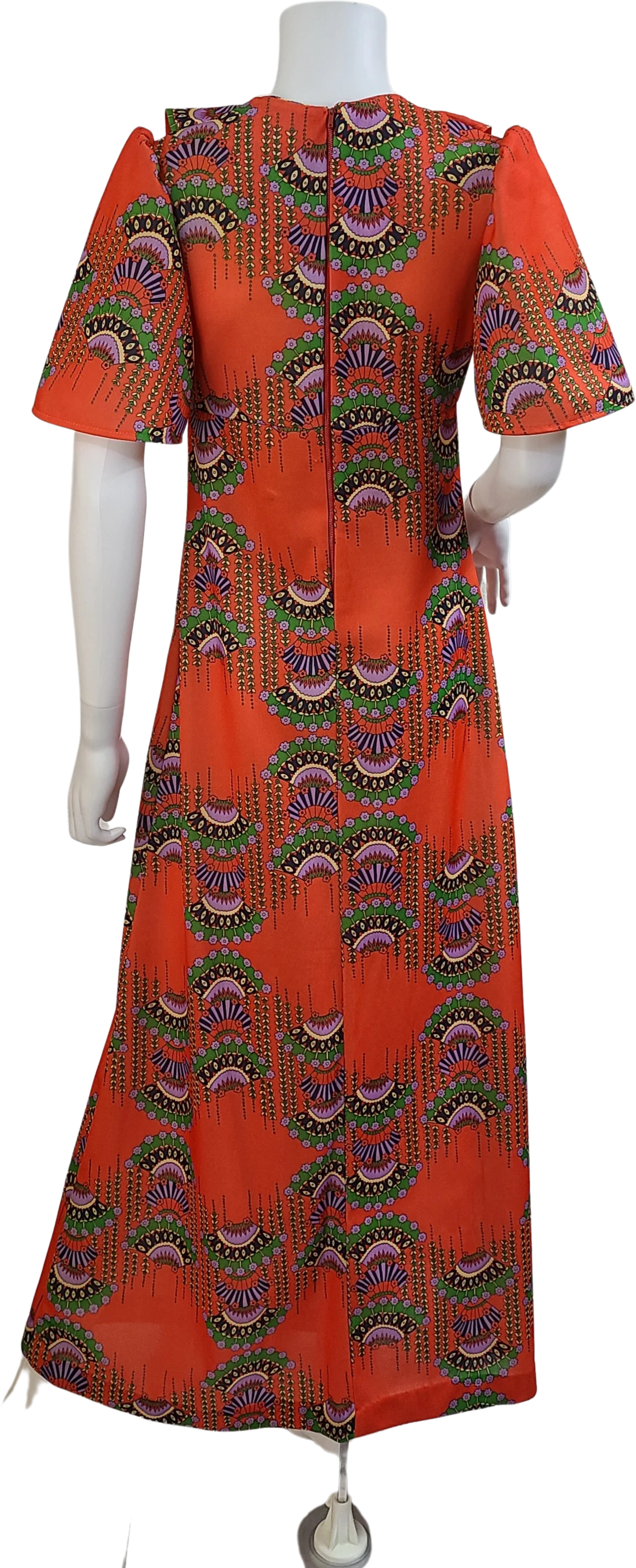 60s/70s Vintage Orange Fan Novelty Print Empire Maxi Dress - Image 2