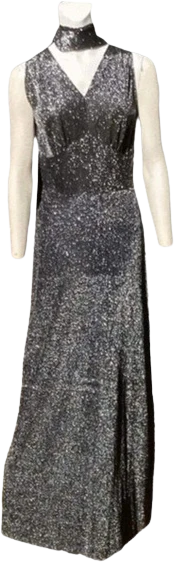 60s/70s Vintage Silver Metallic Black V-neck Evening Gown